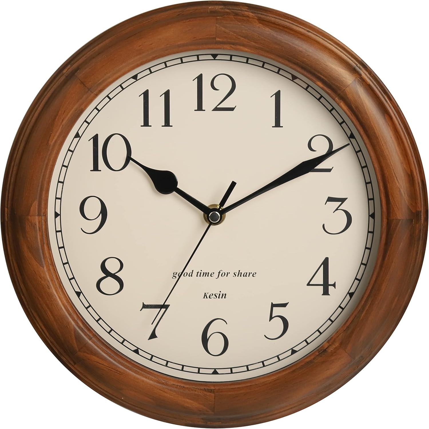 Kesin Wooden wall Clock with Retro Design, 11 Inches Round Wall Clocks | Battery Operated Silent Non-Ticking, Big Arabic Numerals, for Kitchen Living Room Classroom Gym and Pool, Brown