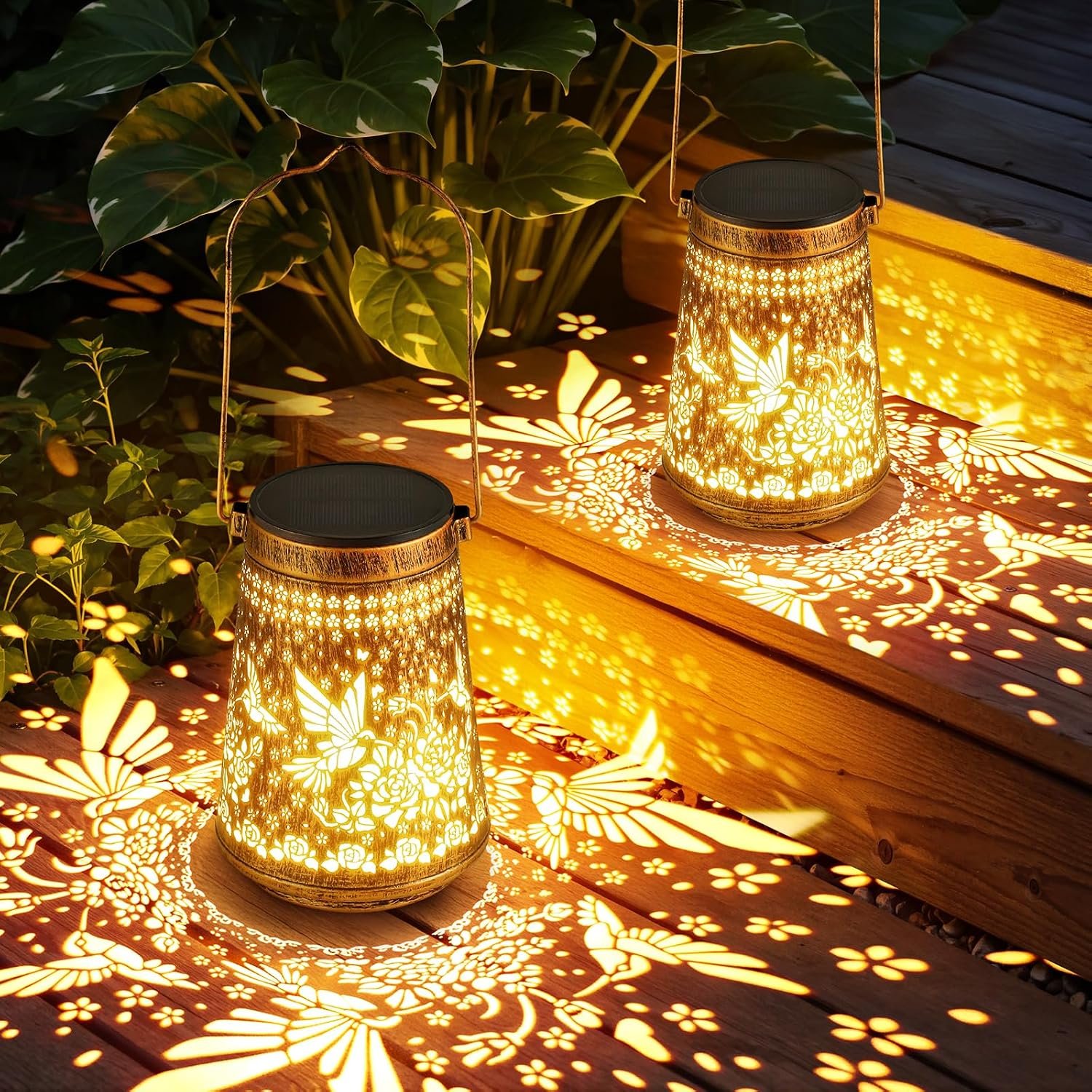 2 Pack Solar Lanterns Outdoor Waterproof Birthday Gifts for Women Mom Grandma, Hollowed-Out Metal Hummingbird Hanging Solar Lantern Lights Outdoor Decor, 2 Modes Lights Decor for Yard, Patio