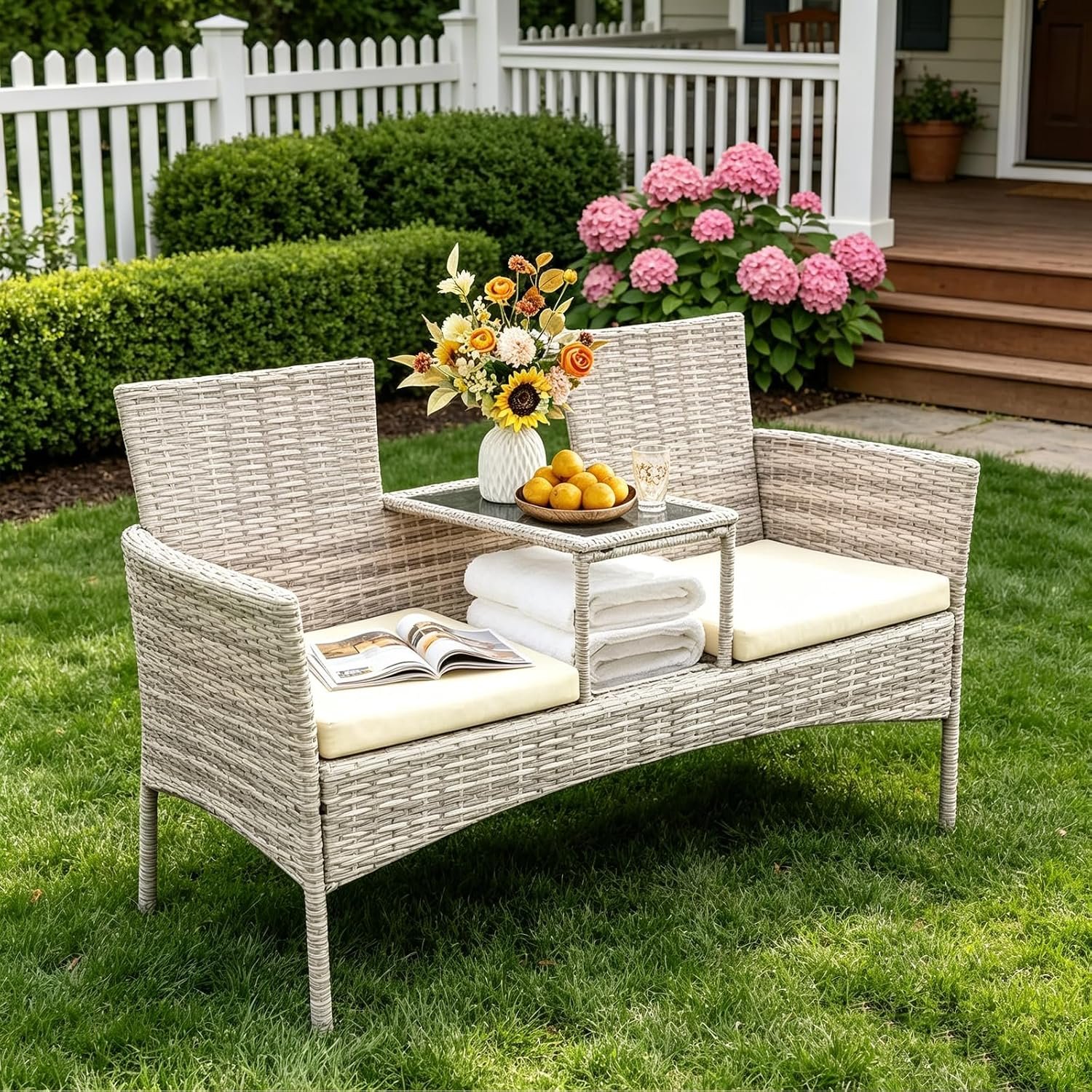2-Seat Gray Wicker Outdoor Loveseat with Glass Coffee Table & cushions | Weather-resistant rattan frame,dust cover,built-in storage shelf,patio,porch,garden,backyard,adults,family daily leisure use