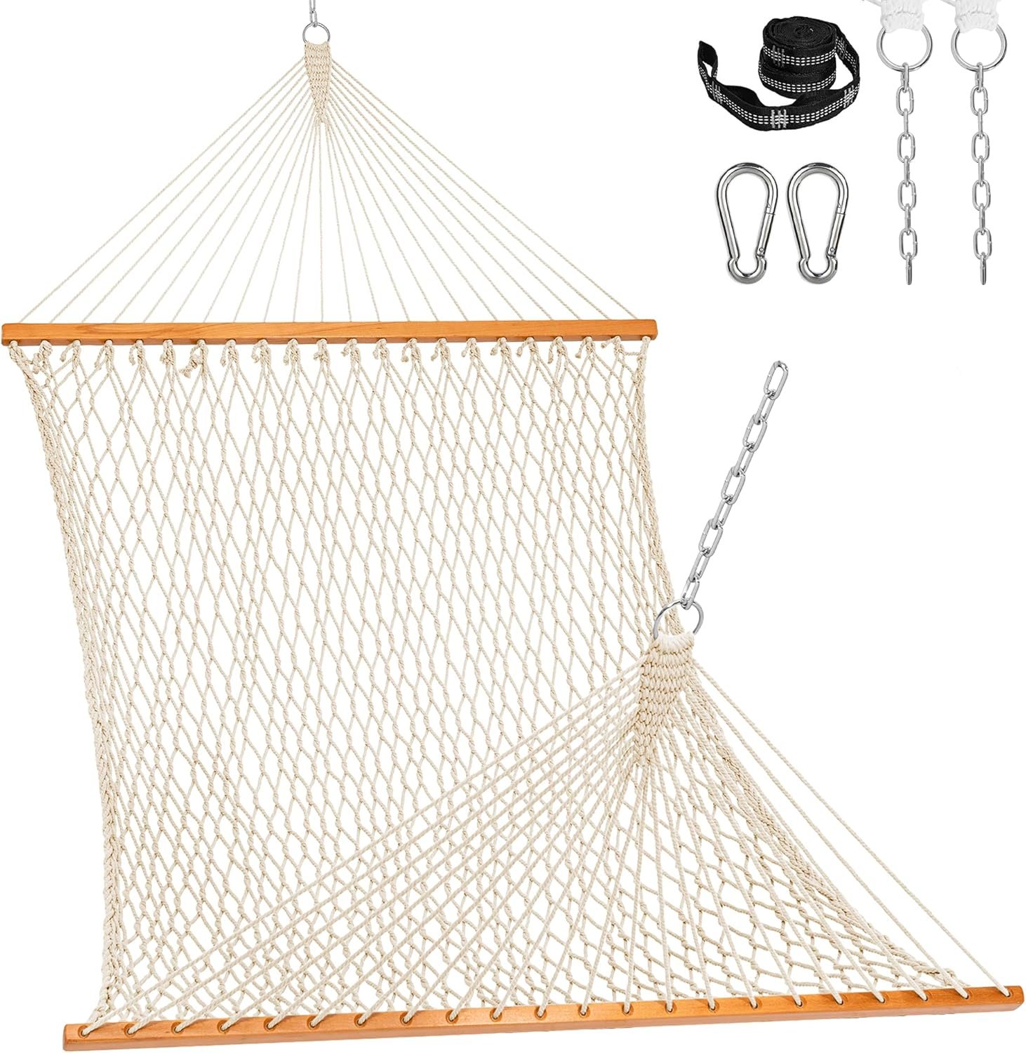 Lazy Daze Hammocks Double Rope Hammock, 2 Person Traditional Outdoor Hand Woven Cotton Rope Hammock with Spreader Bar, Carabiners, Tree Straps, Chains for Patio Yard – Max 450 Lbs, Natural