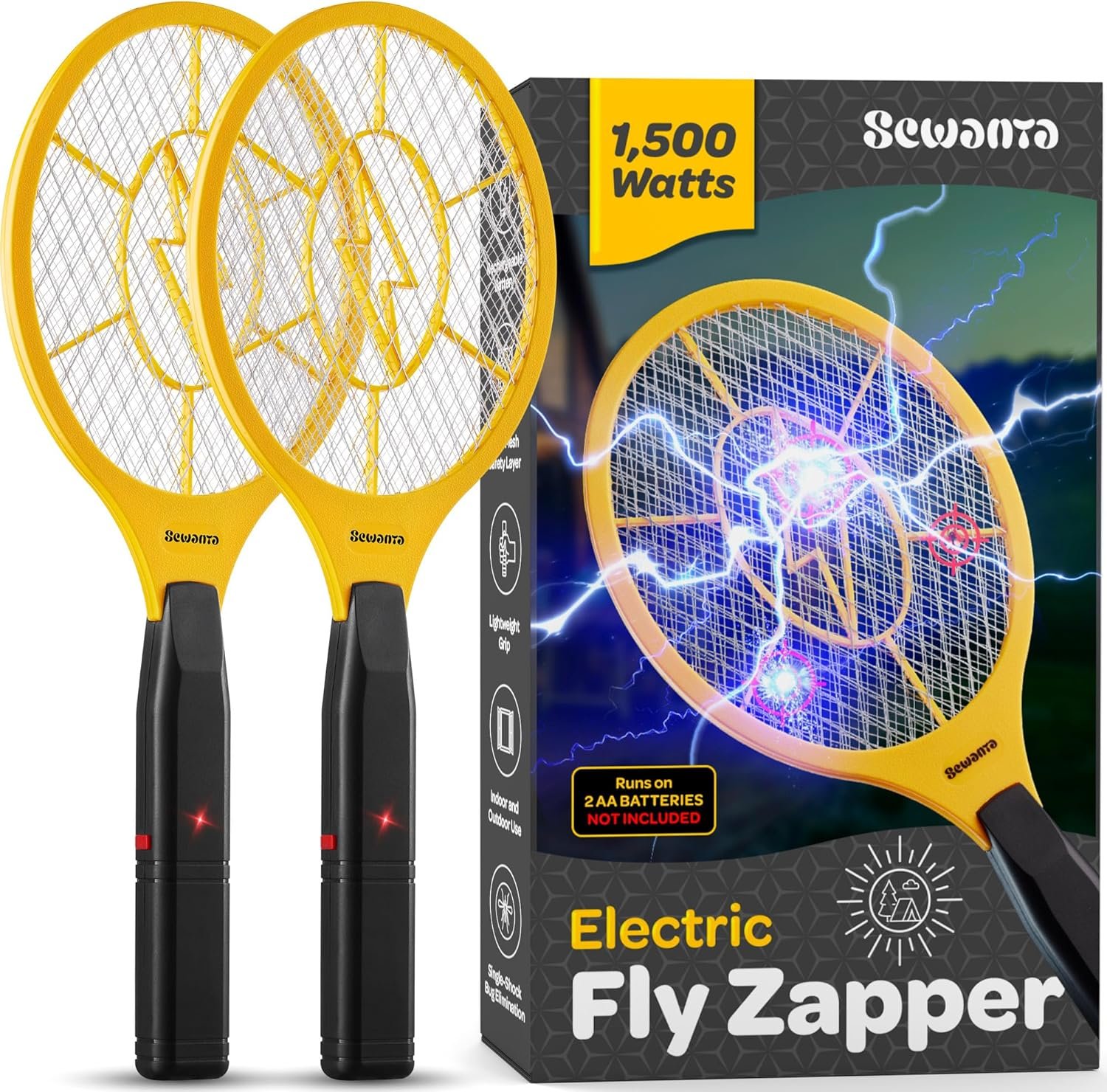 Electric Fly Swatter [Set of 2] Handheld Bug Zapper Racket for Indoor/Outdoor – Powerfull 1500 Volt Instant Flies/Bug & Mosquito – Portable Fly Zapper Battery Operated (AA Batteries not Included)
