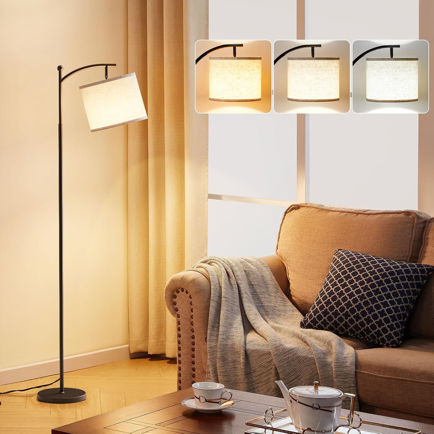 Ambimall Tall Floor Lamps with 3 Color Temperatures Bulb & Adjustable Linen Shade, for Living Room, Bedroom, Office, Classroom, Dorm Room (9W Bulb Included), Beige & Black, 60″