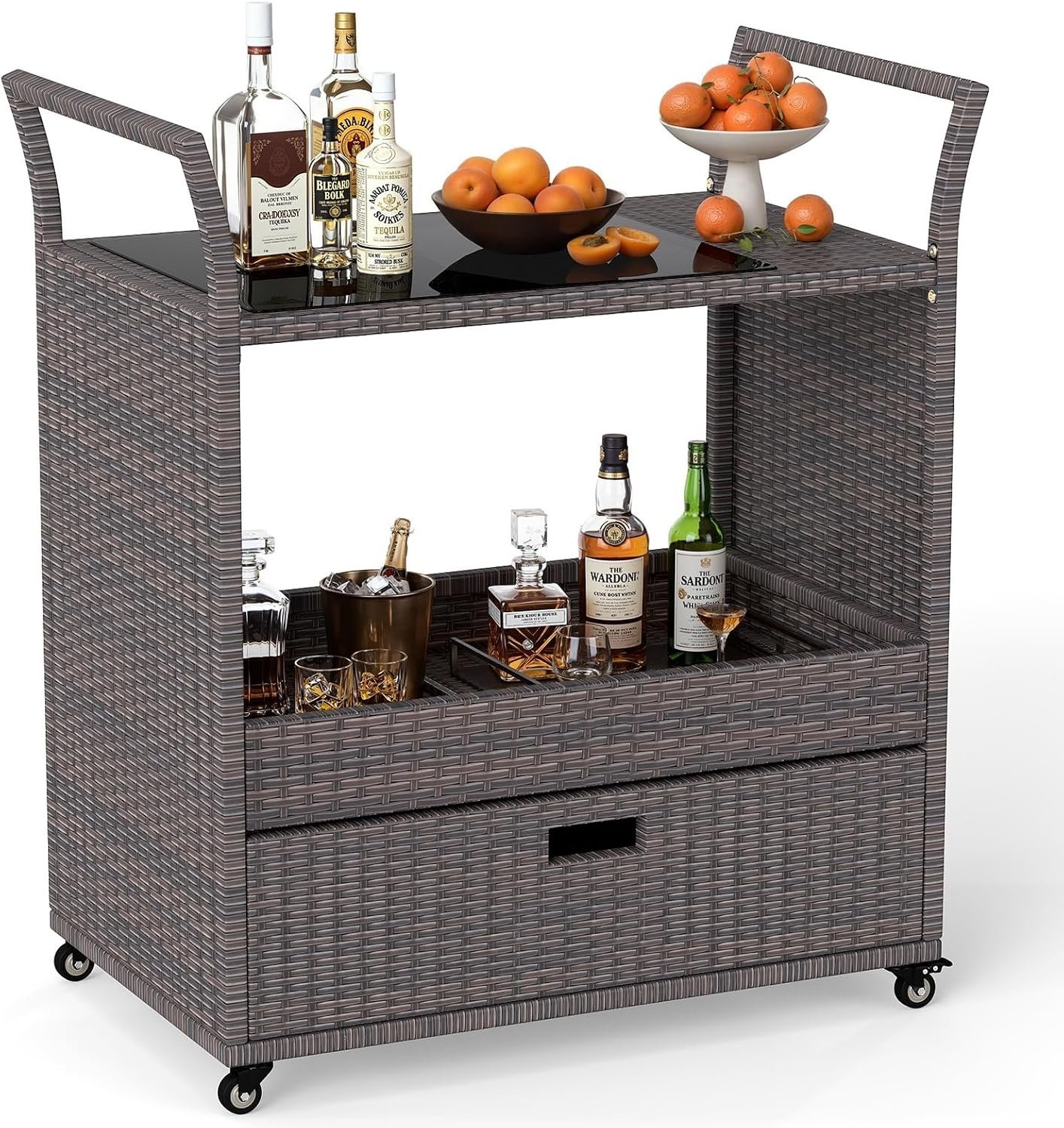 Tangkula Outdoor Rolling Wicker Bar Cart, Bar Counter Table with Tempered Glass Top, Open Storage Shelf & Large Drawer, Rattan Trolley Serving Cart for Patio, Parch, Backyard, Garden, Poolside