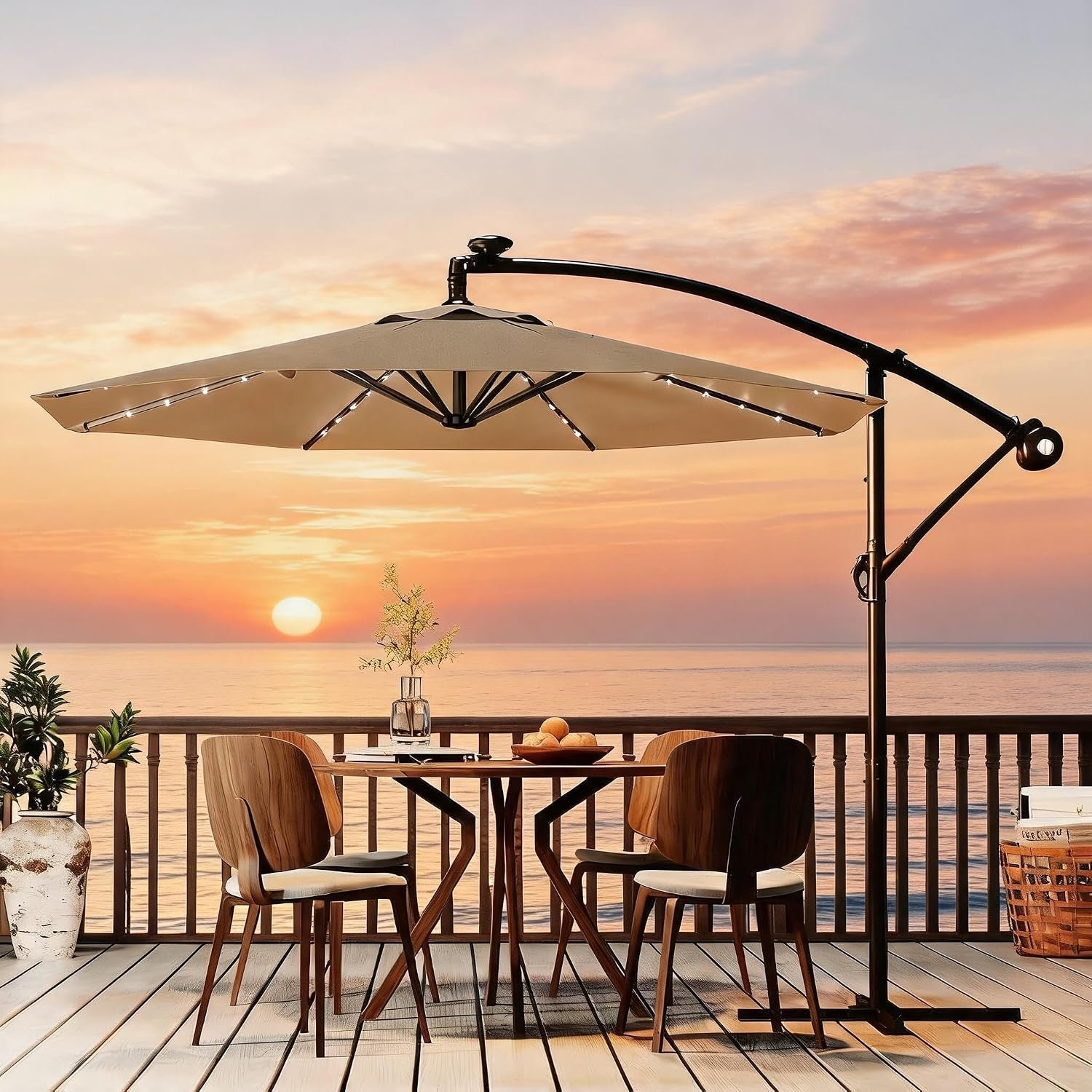 Garvee 10FT Solar Lights Offset Patio Umbrella with Cross Base, Cantilever Umbrella with Easy Lift & Tilt Adjustment, 8 Ribs Sun umbrella UV Protection for Backyard, Pool, Garden, Tan