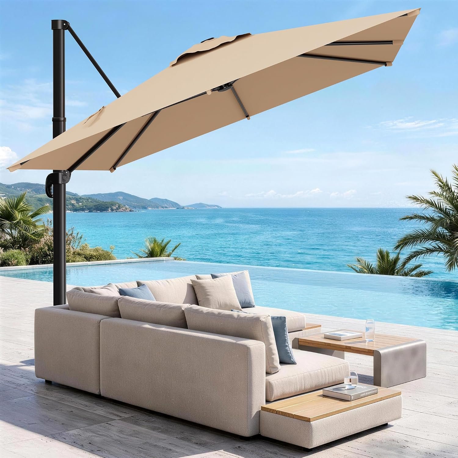 AreShark 10 X 13 FT Cantilever Patio Umbrella, 360-Degree Rotation Rectangular Offset Umbrella with Crank, Heavy Duty Patio Umbrella for Patio, Pool, Garden, Deck, Beige (Base Not Include)