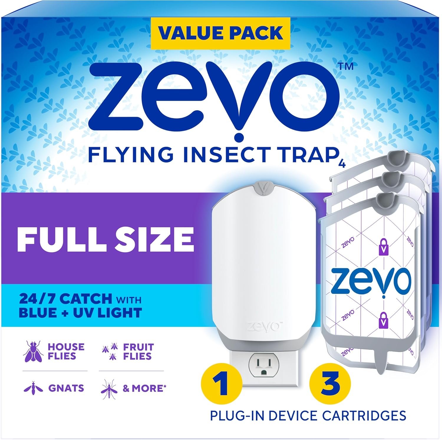 Zevo Flying Insect Trap – Plug-in Indoor Fly Trap and Bug Light Trap Refill with Blue and UV Light – No-Mess Cartridge for House Flies, Fruit Fly Trap and Gnats (1 Plug-in Base and 3 Cartridges)