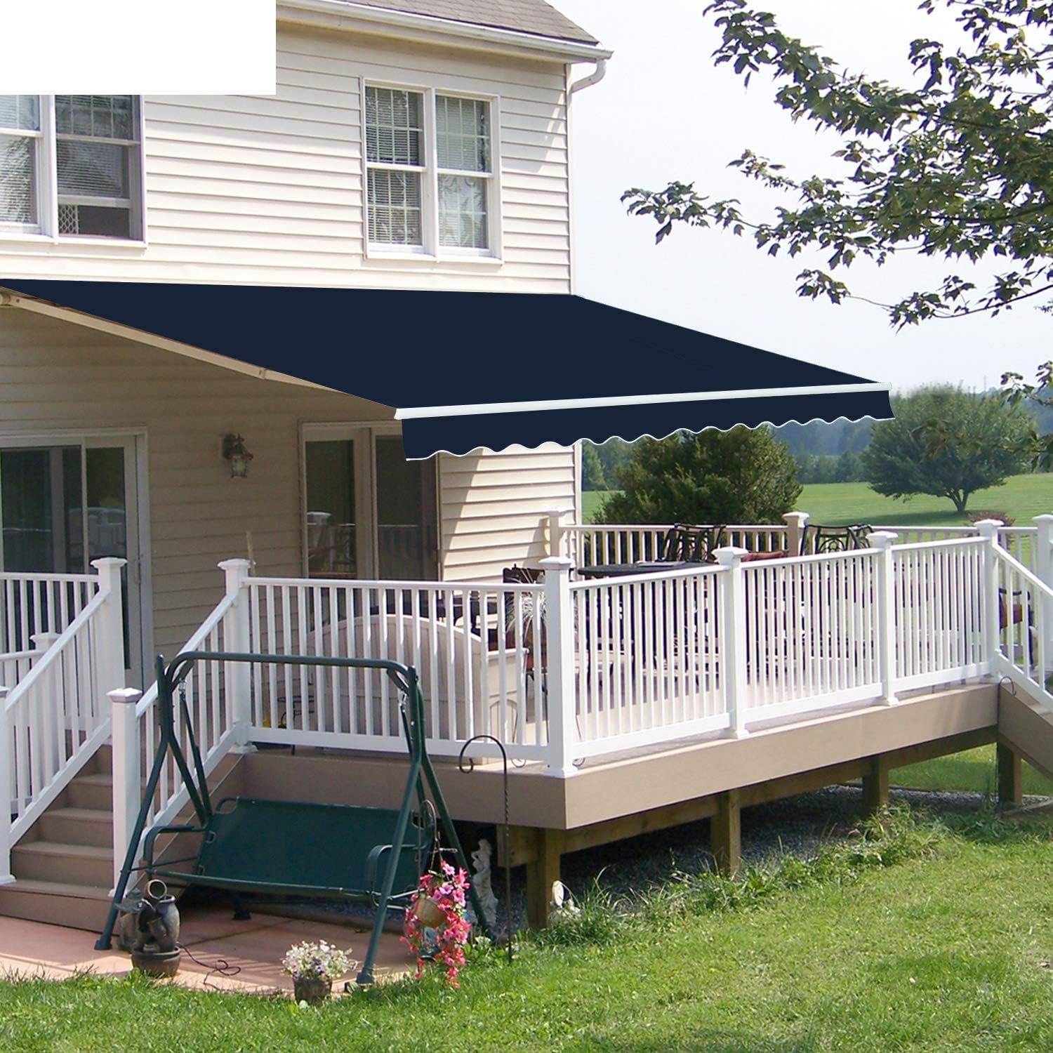 Diensweek 12’x8′ Patio Awning Retractable Fully Assembled, Manual Commercial Grade Awnings – Quality 100% 280G Ployester Window Door Sunshade Shelter – Deck Canopy Balcony P100 Series ( Navy Blue)