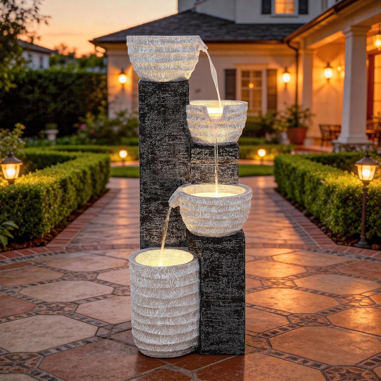 40″ H Outdoor Water Fountain with LED Lights & Pump | Sand-Textured Freestanding Garden Fountain, Multilayer Cascading Polyresin Fountain for Tranquil Garden, Patio or Porch