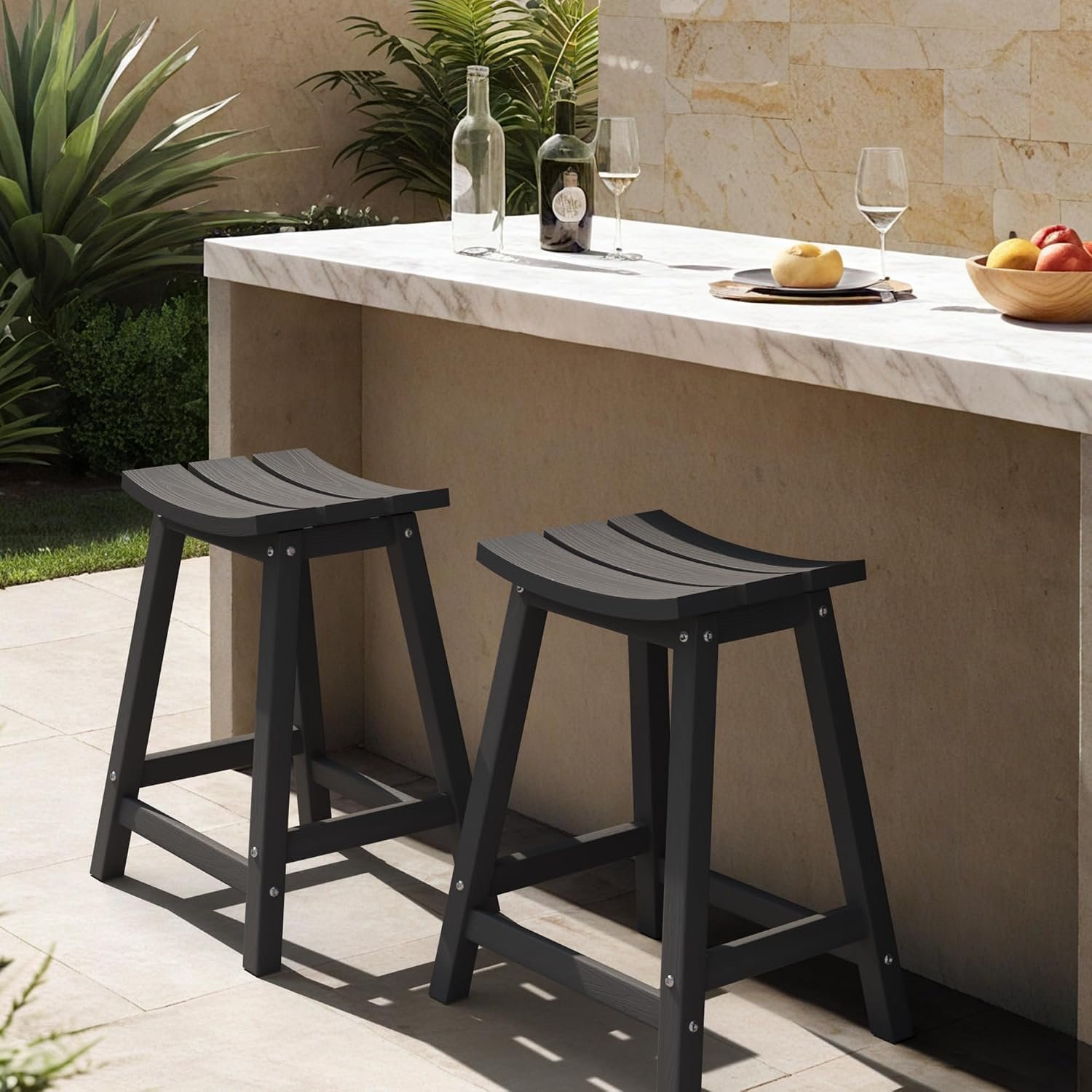 Ciokea 24″ Outdoor Counter Height Bar Stools Set of 2, HDPE, Black | Heavy-duty weatherproof patio seats features modern waterproof design. Ideal for deck, balcony, kitchen counter or yard.