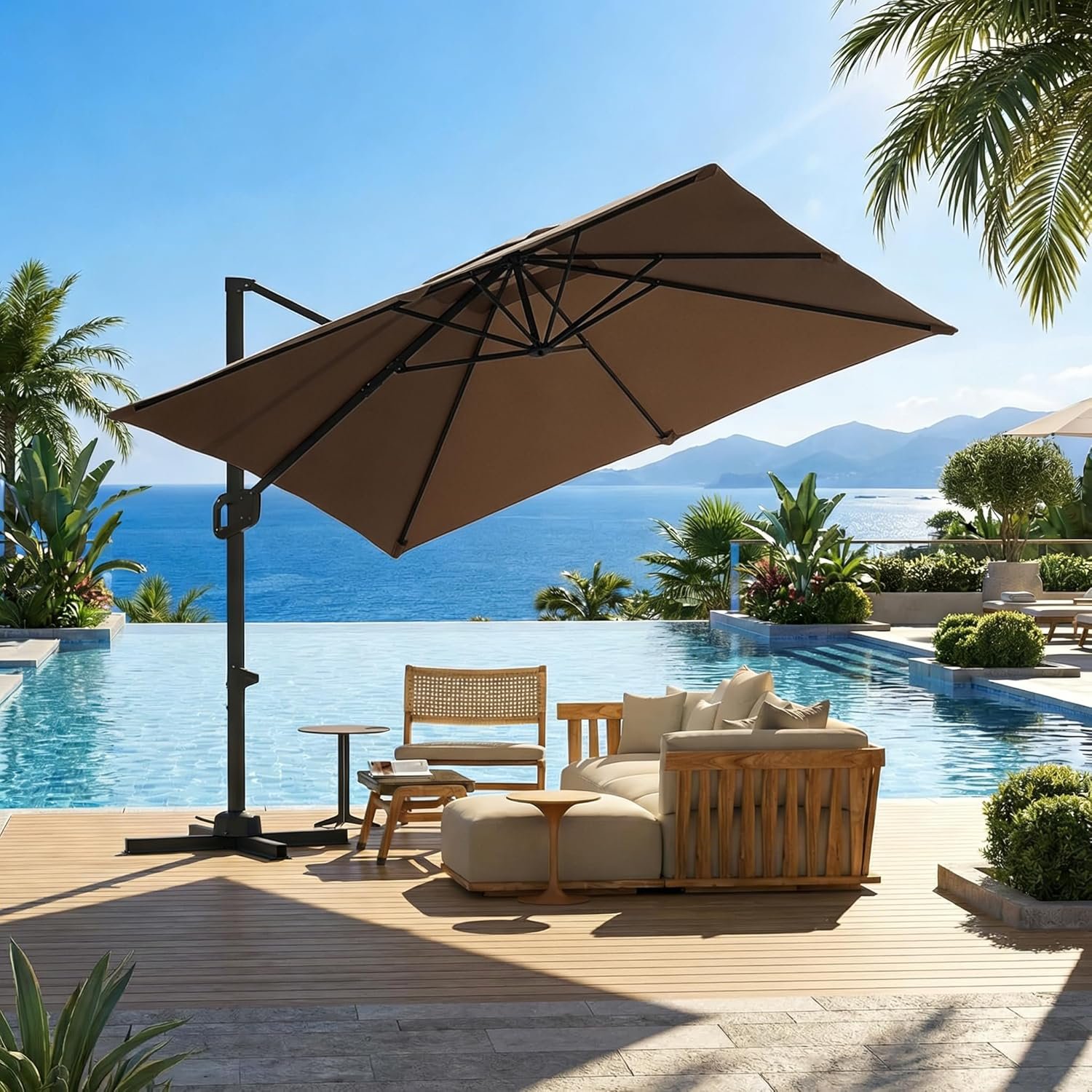 GarveeLife Large Cantilever Patio Umbrella, 10 ft X 10 ft Heavy Duty Aluminum Cantilever Offset Outdoor Umbrella with 360-Degree Rotation for Backyard, Deck, Pool, Tan