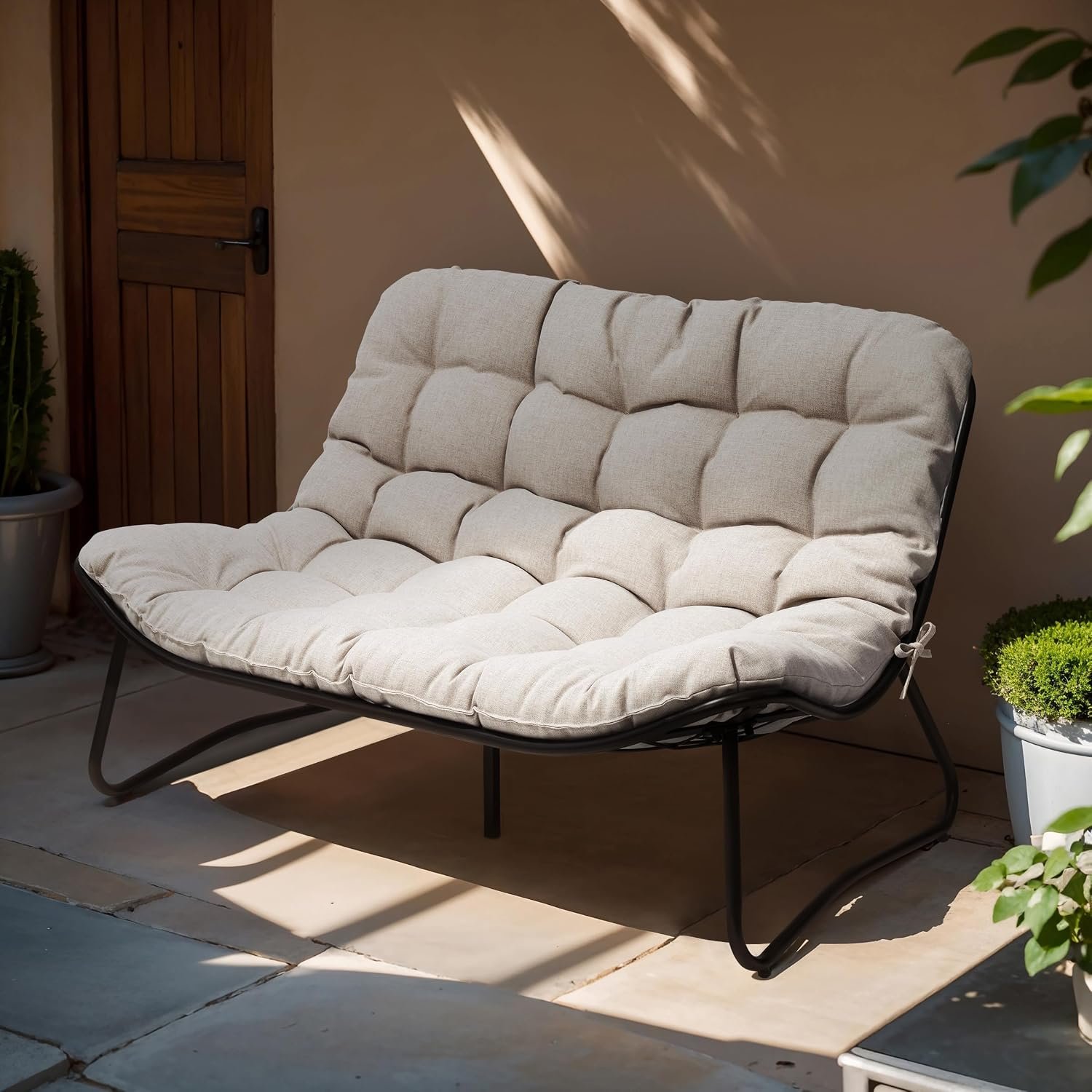Outdoor Loveseat with Soft Cushion，Patio 2-Seat Boho Sofa (Beige) | All-Weather Outdoor Couch Furniture for Balcony, Poolside, Backyard, Porch