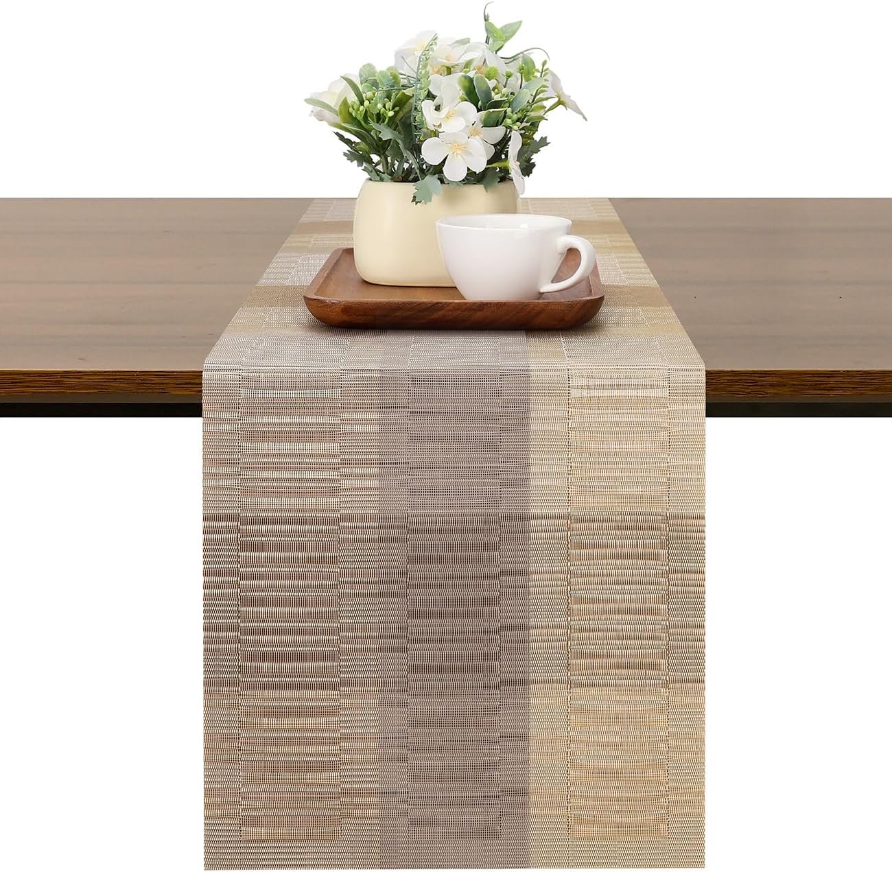 Table Runner 71 Inches Long, Vinyl Woven Farmhouse Table Runners | Washable Heatproof Non-Slip Table Decorations for Party Home Dining Table Indoor Outdoor Use (Gray Gold,12 x 71 Inch)