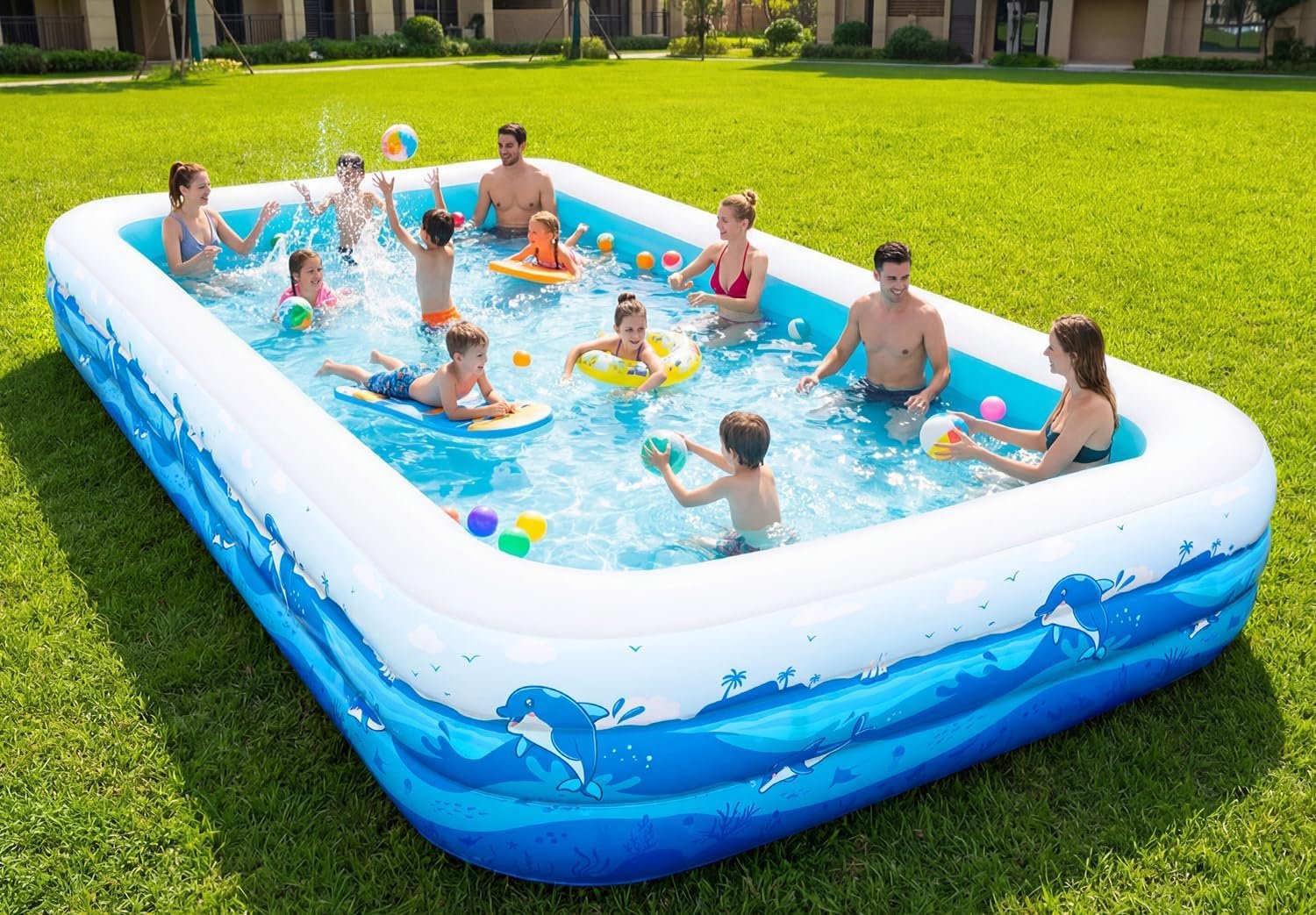 Extra Large Inflatable Pool for Adults, 165″x76″x22″ Full-Sized Blow Up Pool with 0.6mm PVC & Cute Animal Print, Big Family Swimming Pool for Backyard Outdoor Summer Water Party