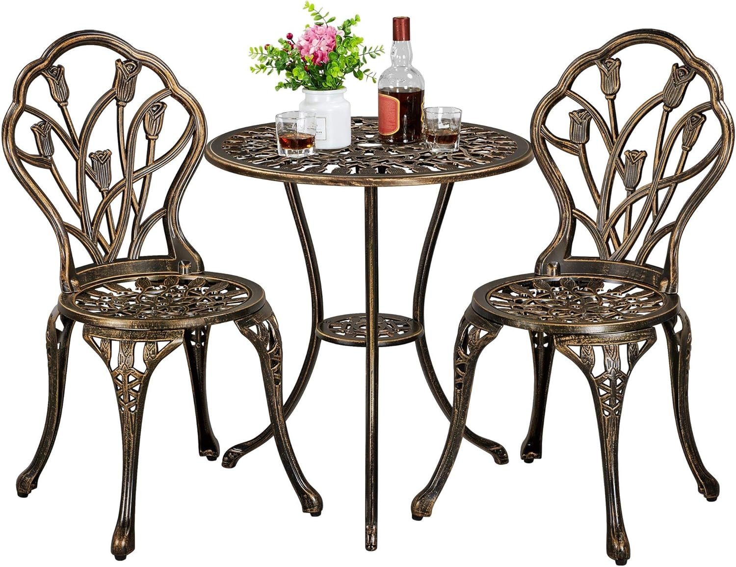 Yaheetech 3-Piece Patio Bistro Set with Umbrella Hole, Bronze | Aluminum alloy set fits patios and balconies, assembles easily, creates a cozy space for coffee, dining.