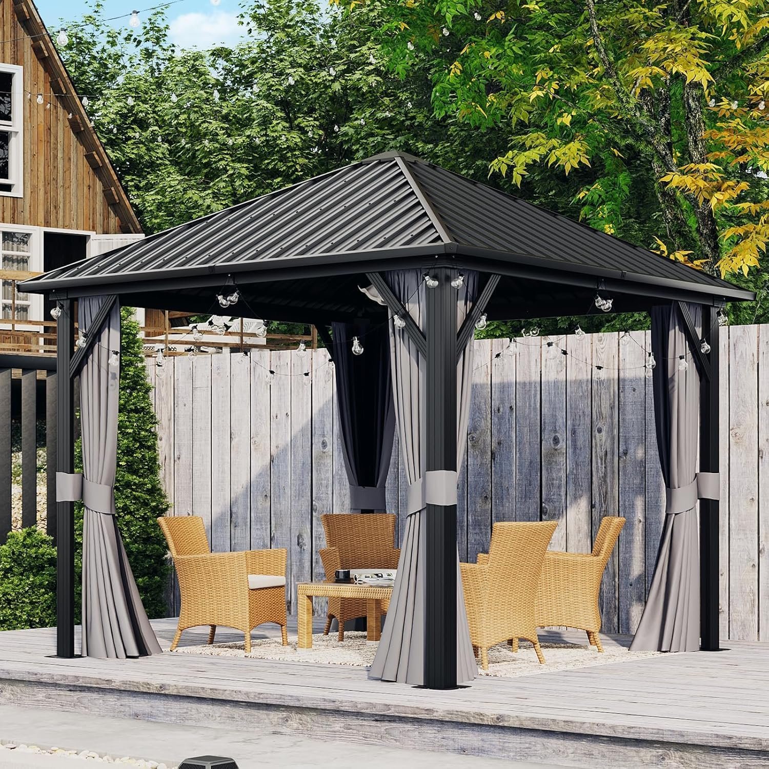 Aoxun Gazebo 10×10 Hardtop Gazebo with Galvanized Steel Roof, Gray | Metal Frame Outdoor Pavilion with Breathable Netting and Privacy Curtain for Backyard