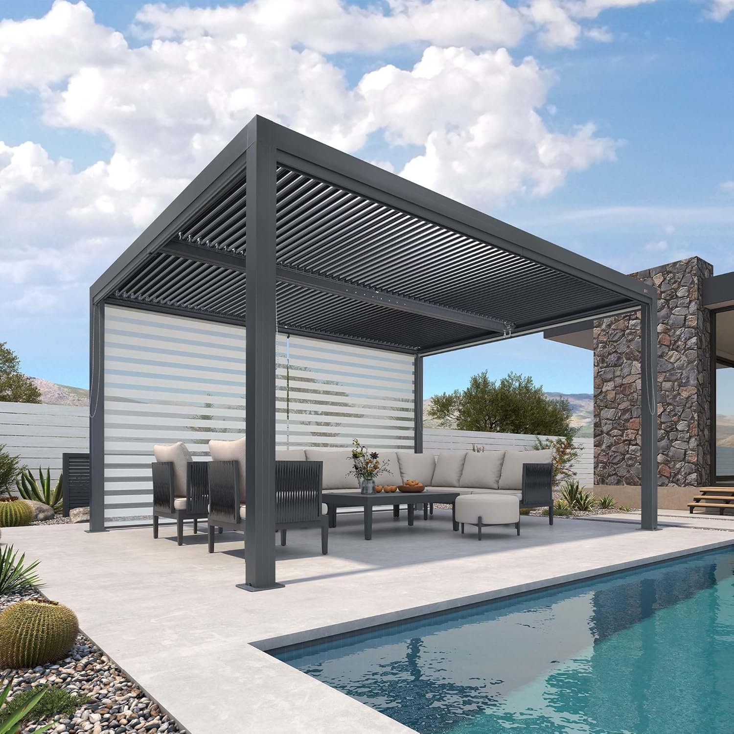 PURPLE LEAF 94AS Louvered Pergola Accessories 14 Ft Side Adjustable Screen Privacy Sun Side Shade, Pergola Not Included