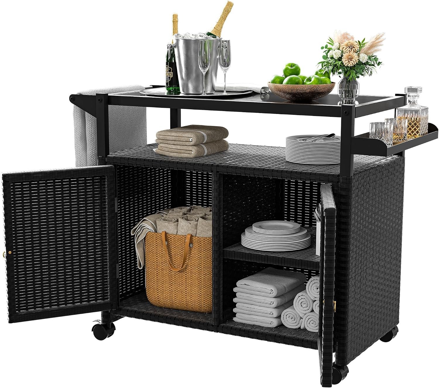 Xilingol Outdoor Bar Table, Wicker Bar Cart with Cabinet, Patio Serving Cart with Tempered Glass Top, Lockable Wheels, Rounded Handle & Side Basket for Garden, Poolside & Backyard, Black