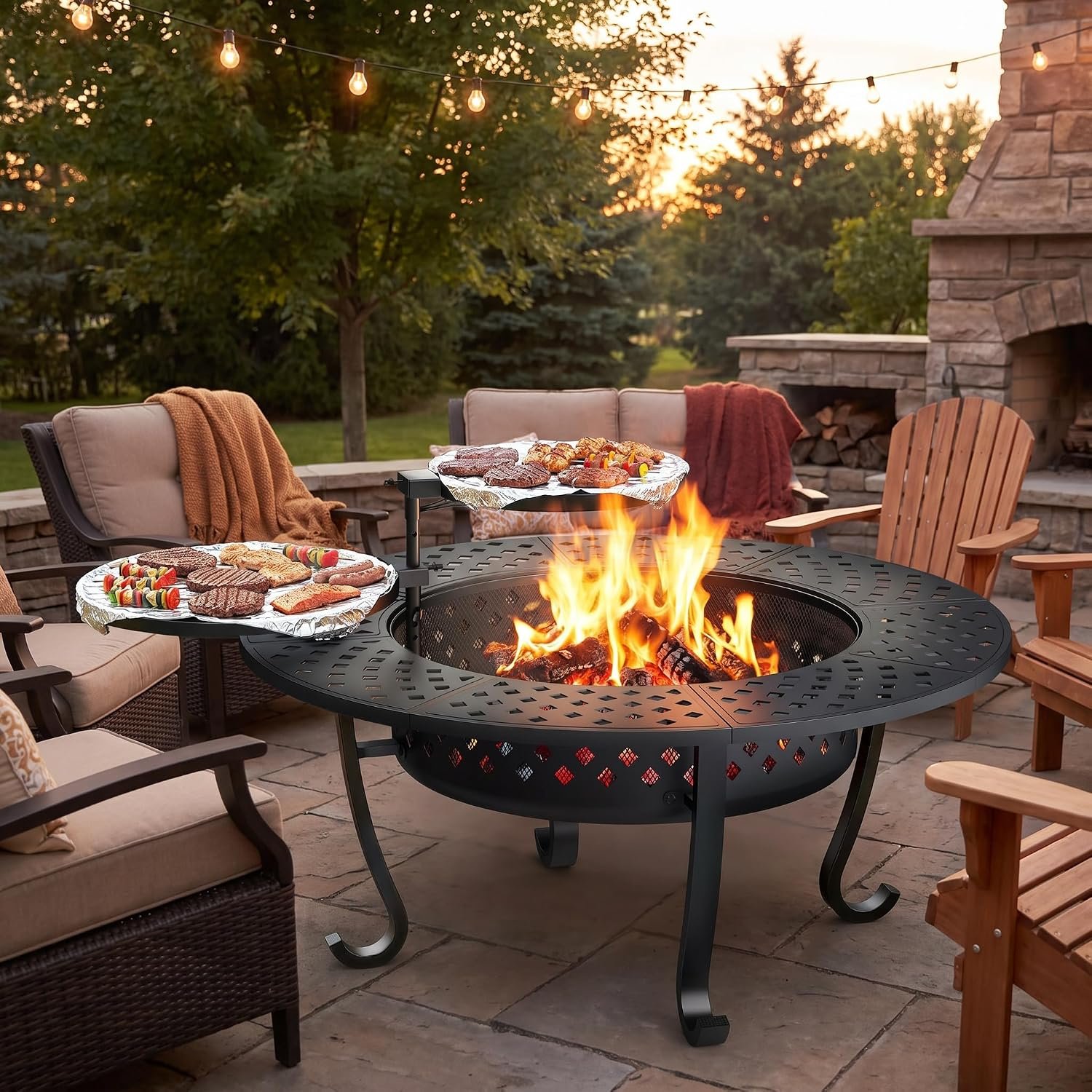 Outdoor Fire Pit, 43″ Fire Pit for Outside Wood Burning with Adjustable 2 Grills, Firepit with Lid and Fire Poker, BBQ, Bonfire, Round Outdoor Fireplace 3 in 1 for Patio, Backyard, Garden, Camping
