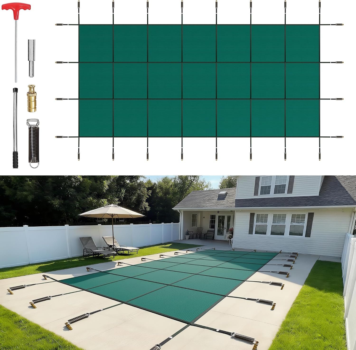 VEVOR Pool Safety Cover, 16 ft x 36 ft Rectangular Winter Inground Pool Cover, Triple Stitched, High Strength Mesh PP Material, Good Rain Permeability, Installation Hardware Included