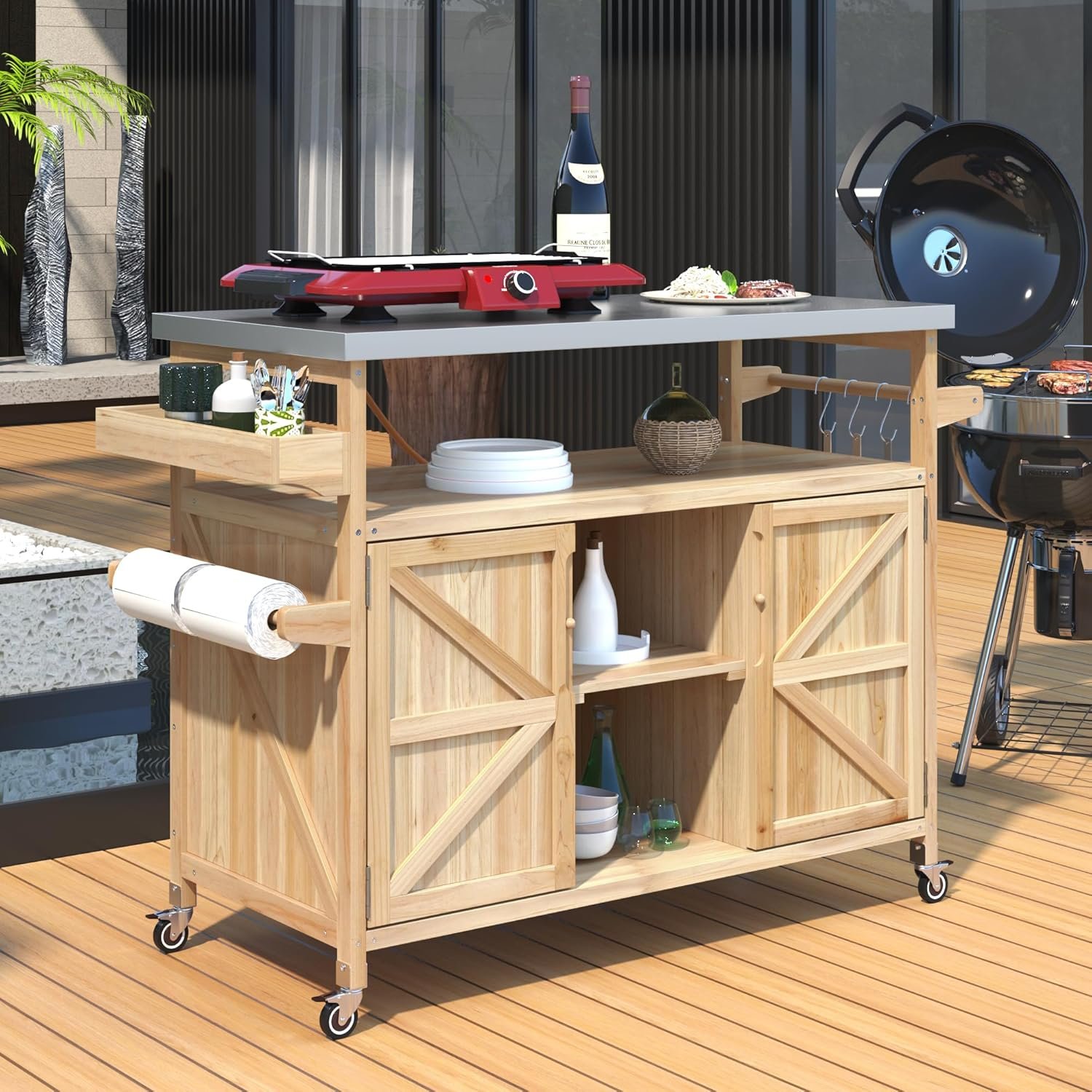 Outdoor Grill Cart with Storage, Rolling Bar Cart and Lockable Wheels, Farmhouse Solid Wood Outdoor Grill Table with Stainless Steel Top, Spice Rack, Towel Rack for Kitchen and BBQ, Natural