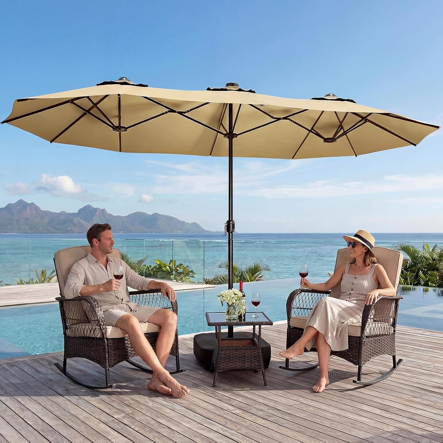 LEVELEVE 15FT Double-Sided Patio Umbrella with Base Included, Large Outdoor Rectangular Market Umbrella for Backyard, Poolside, Lawn & Garden