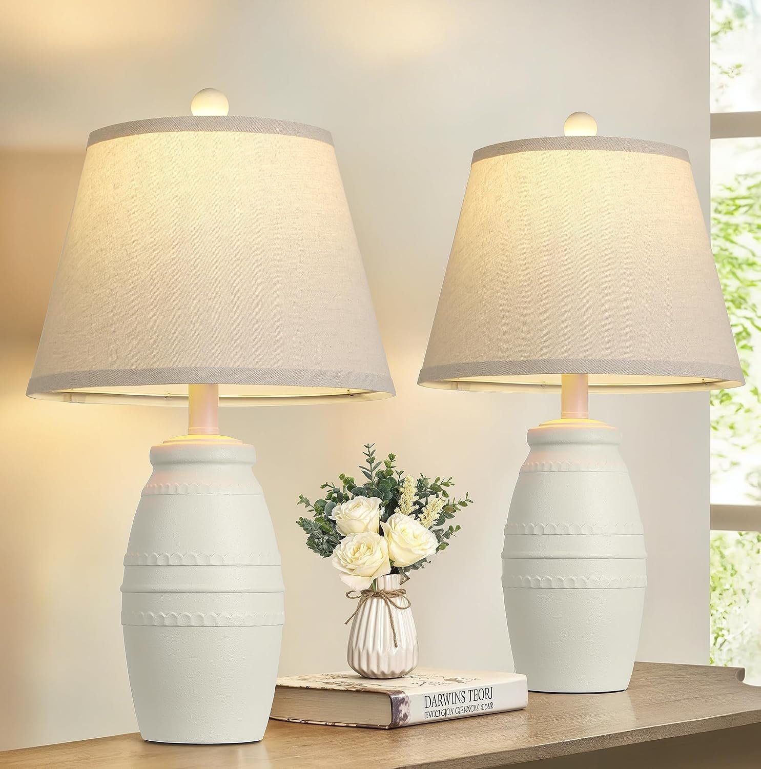 QiMH 21.5″ Lamps Set of 2, Farmhouse Lamp for Living Room, Off-White | Modern Resin Table Lamps for Bedroom, Linen Shade, Vintage Rustic Style, Home Decor