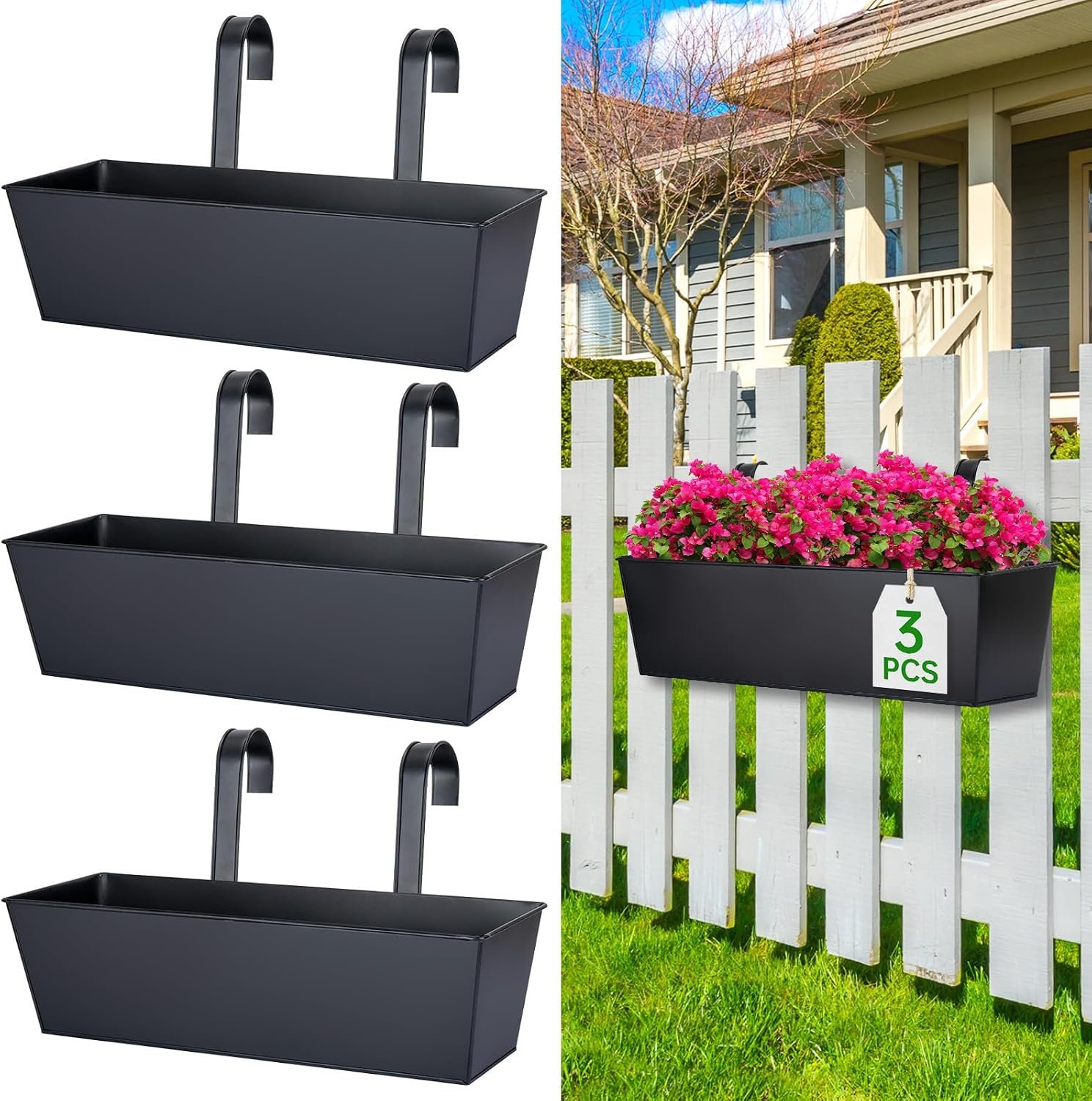 OGIMA 16-Inch Railing Planter Box, 3 Pack Large Hanging Planters for Outdoor Plants with Detachable Wide Hooks for 2.7” Railings – Balcony Planters Railing Hanging for Deck, Fence & Patio Decor