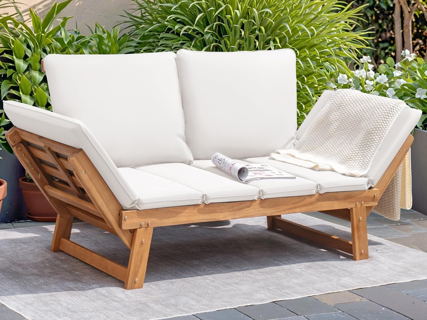 Devoko Outdoor Couch Acacia Wood Outdoor Sofa Balcony Furniture (White) | Adjustable Armrests Outdoor Furniture, Convertible Patio Couch with Removable Cushions & Pillows for Patio, Porch, Poolside