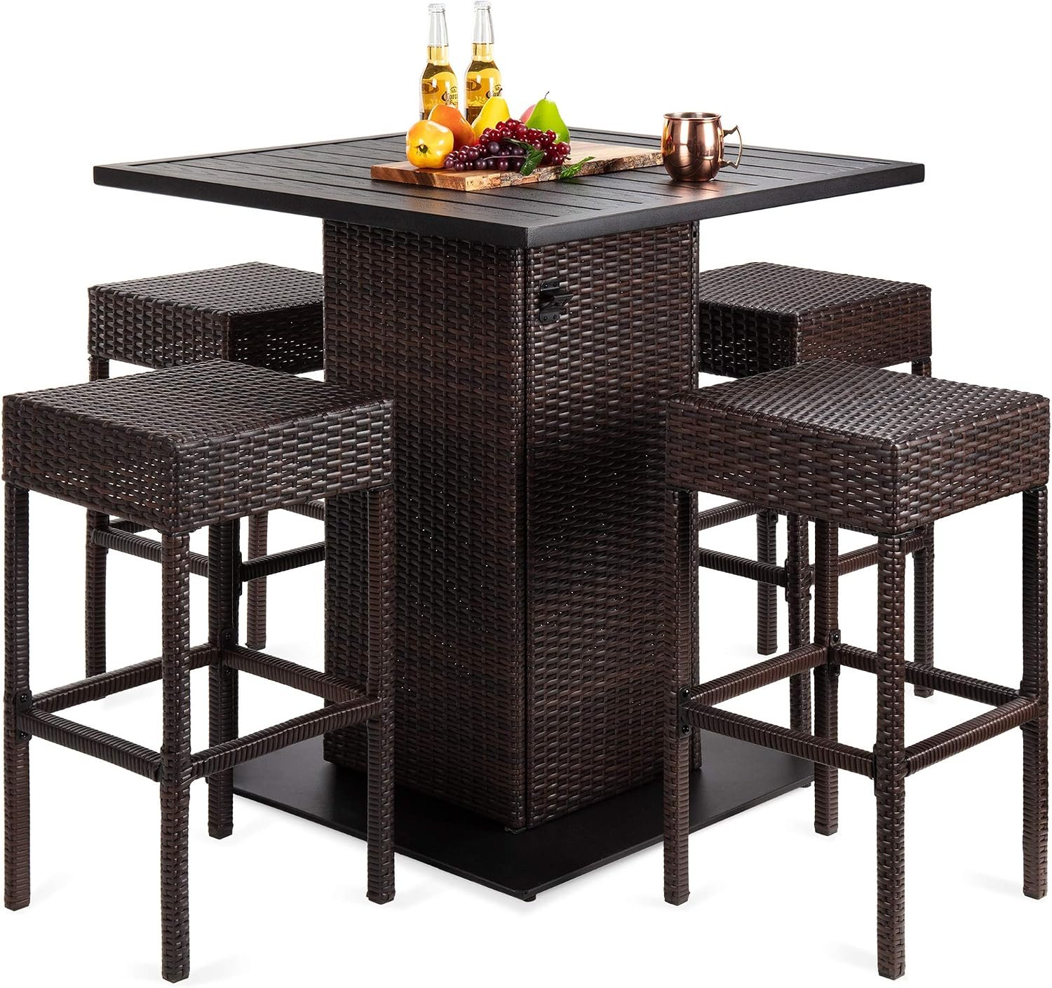 Best Choice Products 5-Piece Outdoor Wicker Bar Table Set for Patio, Poolside, Backyard w/Built-in Bottle Opener, Hidden Storage Shelf, Metal Tabletop, 4 Stools – Brown