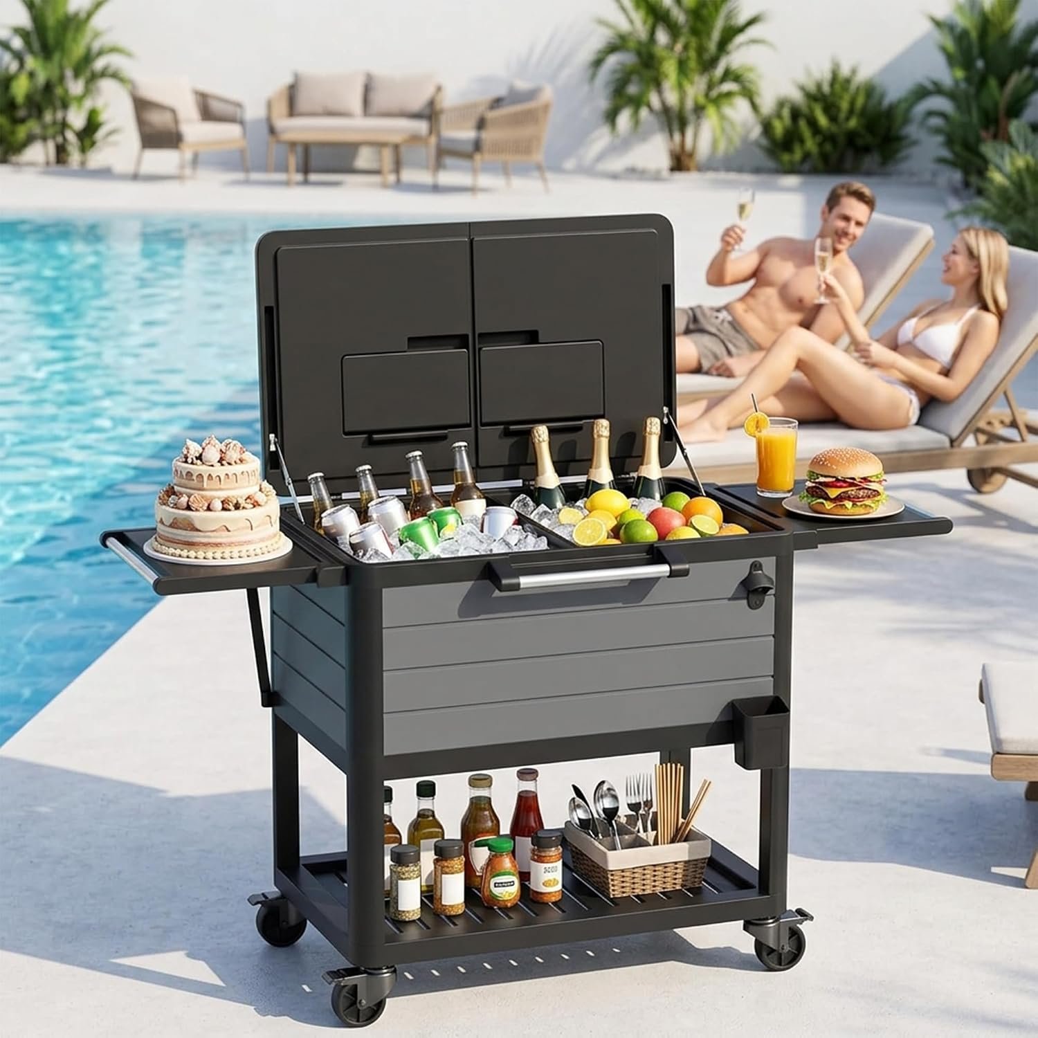 104 Qt Rolling Cooler with Wheels – Large Outdoor Ice Chest, Heavy Duty Portable Cooler Cart for Drinks with Handle, Patio Beer Beverage Cooler for Party Backyard BBQ Tailgate Camping