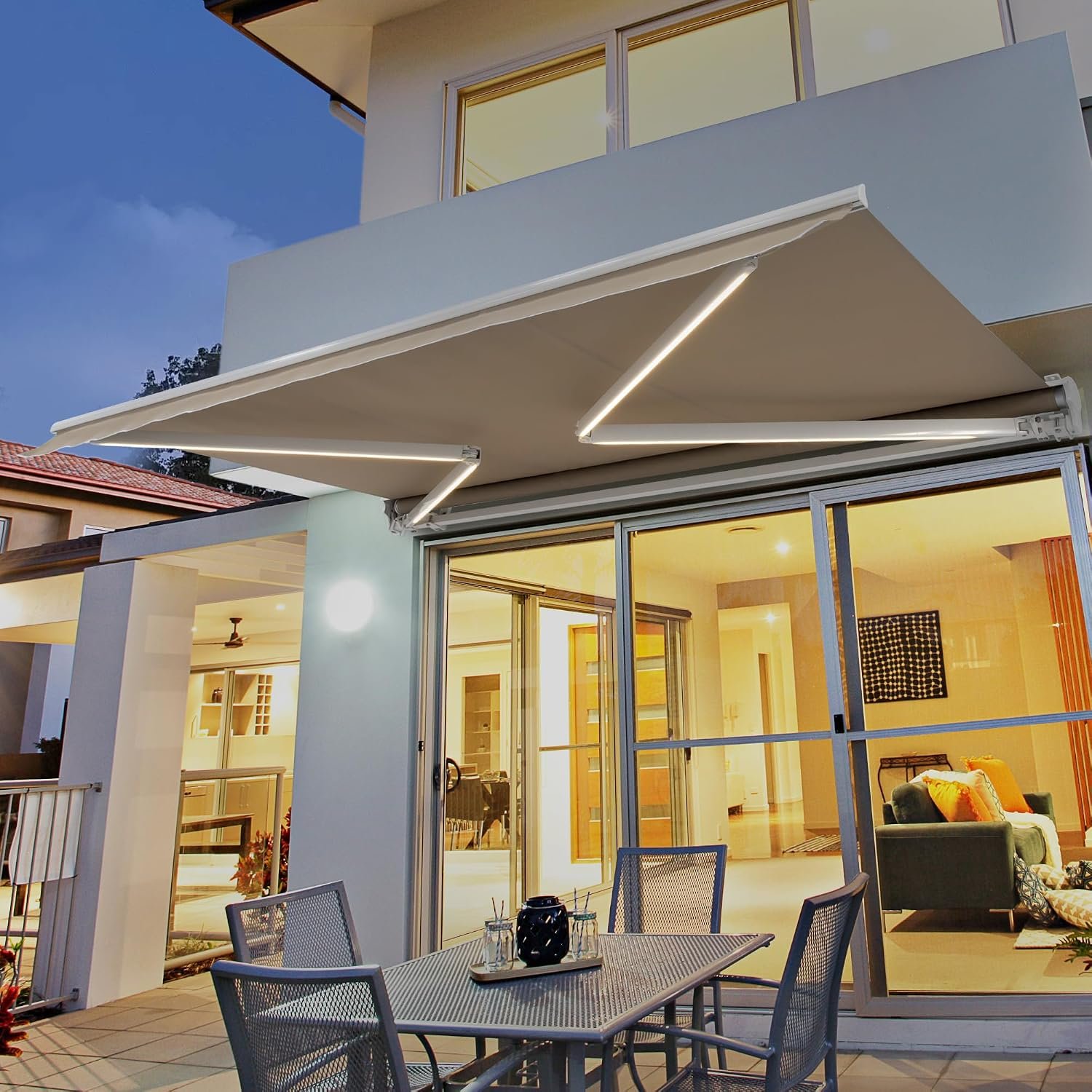 Diensweek 12’x10′ Patio Awning Retractable, Fully Assembled Motorized LED Light Awnings Electric Commercial Grade – Quality 100% Dope-Dyed Acrylic Window Door Sunshade Shelter – Deck Canopy Balcony