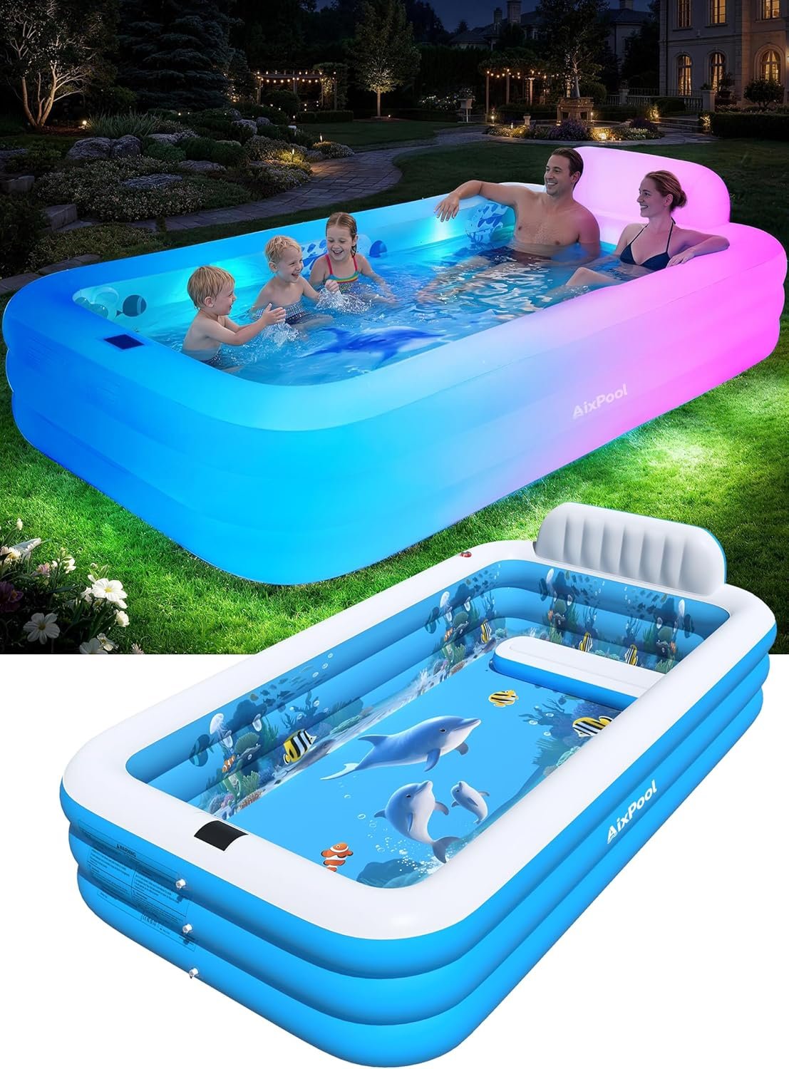 Extra Large Inflatable Pool with Lights,Upgraded Solar Powered Blow Up Pool for Adults,Inflatable Kids Swimming Pool with Seat& Backrest,Big Inflatable Kids Pool for Backyard,120x73x20IN