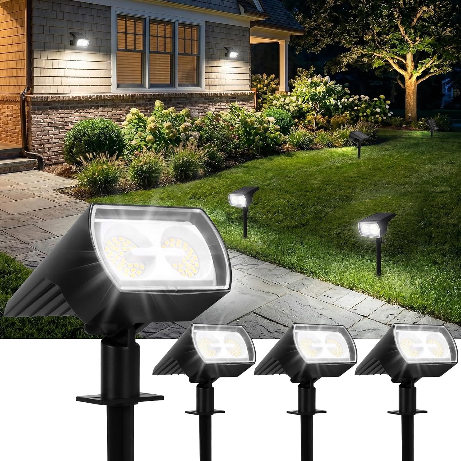 60 LED Solar Spot Lights Outdoor Waterproof 4 Pack (Cool White) | Super bright high lumen light, 3 dusk to dawn modes. IP65 waterproof solar spotlights for yard, garden, pathway, trees.