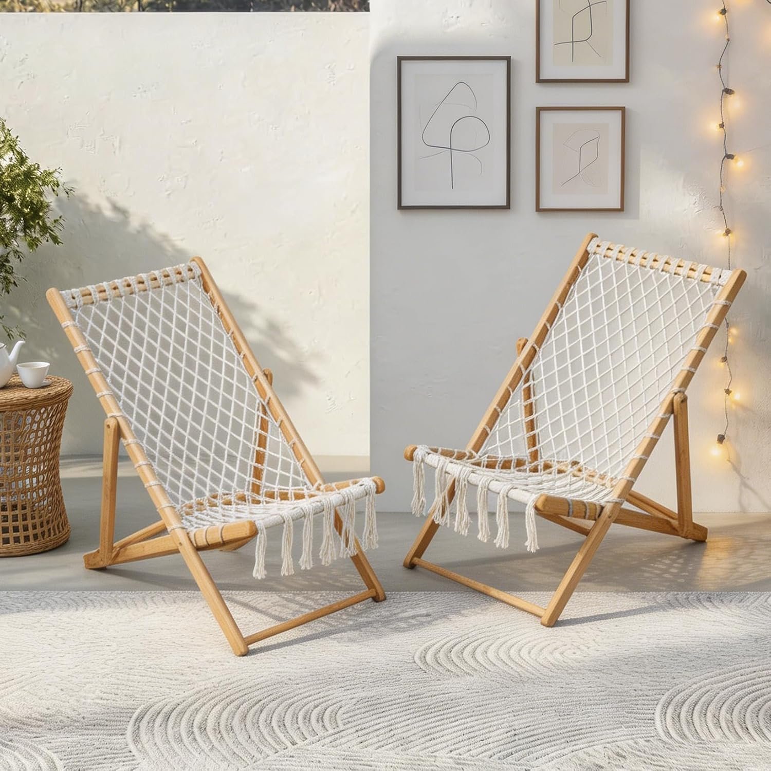anwickjeff Set of 2 Folding Sling Chairs for Patio, Boho Weaving Lounge Chair Outdoor with Wooden Frame, All Weather Portable Profile Accent Chair for Garden, Porch, Backyard, Beach,Fully Assembled