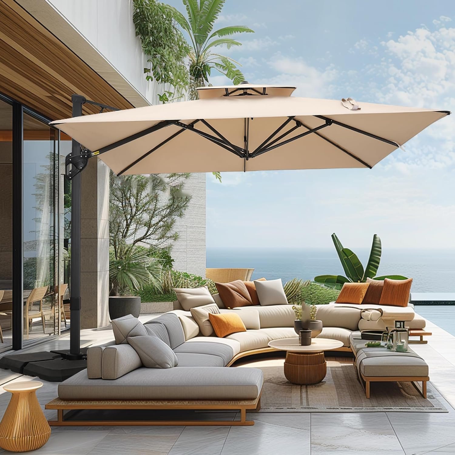 12ft Cantilever Patio Umbrella with Base&360°Rotation Outdoor Offset, Beige | Sophia & William Outdoor Large Rectangular Umbrellas with Aluminum Pole for Garden Pool Backyard, Fade Resistant, UV Blocking
