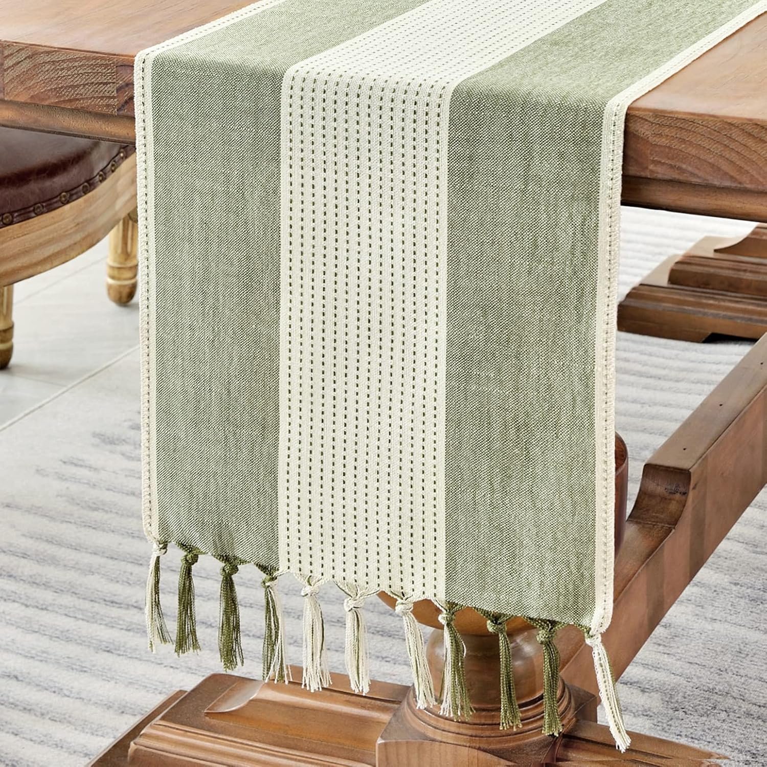Wracra Linen Table Runner, Stripe Table Runners 72 Inches Sage Green | Delicate Splicing Design and Hand-Tassels;Cotton Linen Woven Fabric;Farmhouse Macrame Table Runner;Dresser Dining Table Decor