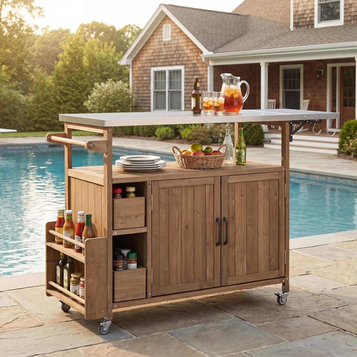 Christopher Knight Home Edsel Outdoor Bar Cart with Stainless Steel Top and Lockable Wheels, Solid Wood Outdoor Storage Cabinet, Kitchen Island Serving Cart for Poolside, Garden, Natural Brown+Silver