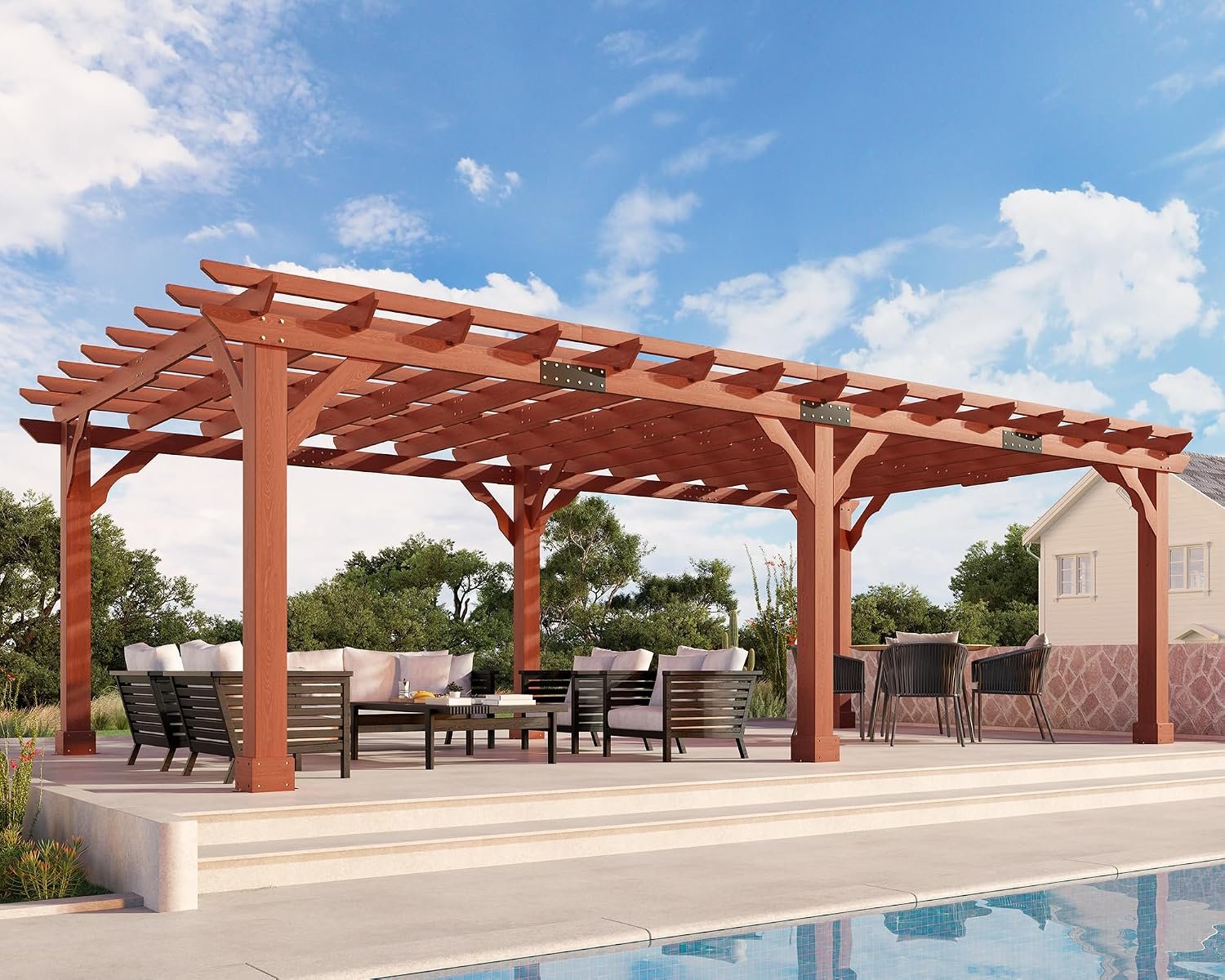 Jocisland 12×24 FT Premium Cedar Wood Pergola with Trellis Roof & Weather-Resistant Support, Outdoor Pergola Kit with Stakes, Garden Gazebo for Patio, Backyard & Events, Reddish-Brown