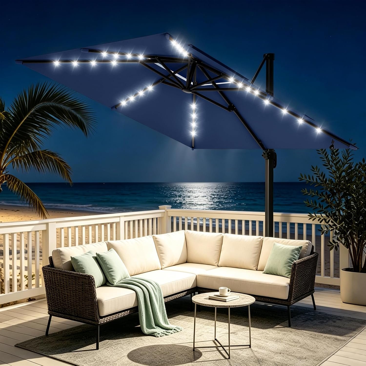 AreShark 11×11 FT Double-Top Cantilever Umbrella with Lights, Navy | Square Offset Umbrella with 360 Degree Rotation & 5 Tilt Angles, Outdoor Umbrellas for Garden Deck Pool (Base Not Include)