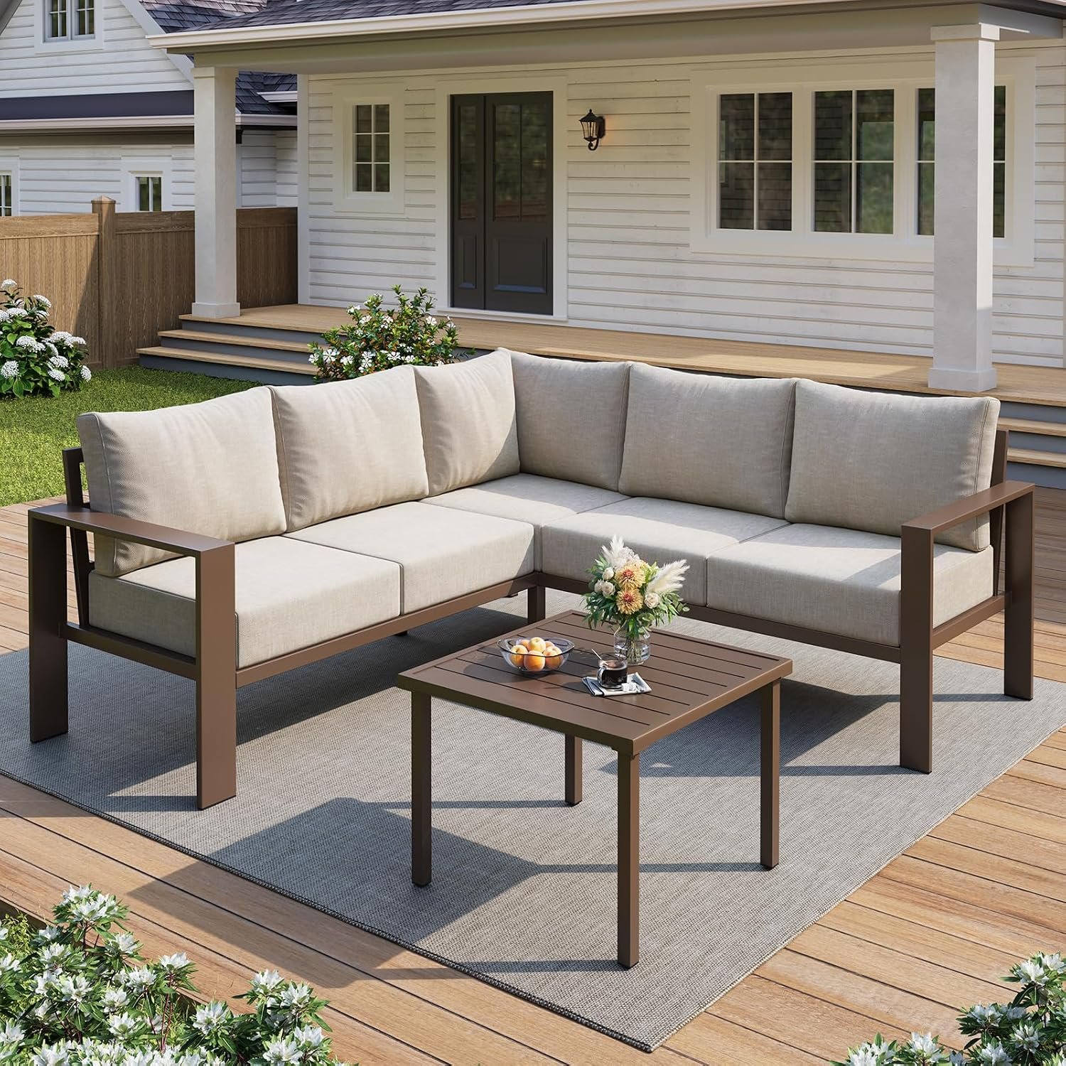 UDPATIO 6-Piece L Shaped Outdoor Sectional Sofa, 6″ Thick Cushion | Olefin Fabric Fade Resistant, Wide Armrest & Coffee Table, Metal Patio Furniture for Backyard Deck
