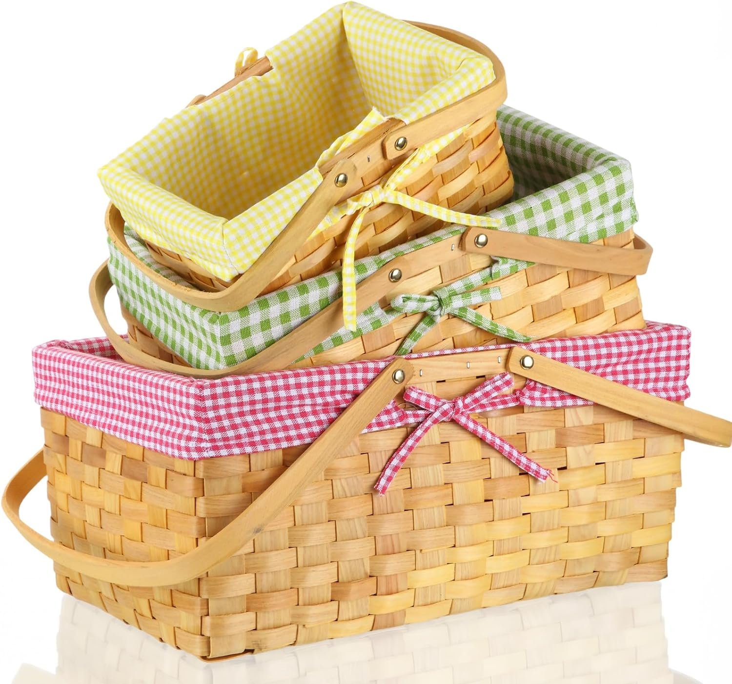 3 Pcs Different Sizes Picnic Basket with Handles Spring Plaid Gingham Checkered Liner Basket Rustic Woven Hamper for Picnic Camping Outdoor Egg Gathering Candy Gift(Pink,Green,Yellow)