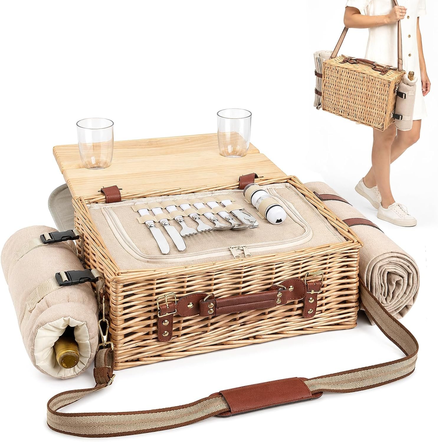 Hap Tim Multifunctional Wicker Picnic Basket Set for 2 with Picnic Table & Blankets, Gifts for Couple, Engagement, Wedding, Bridal Shower, Family, White Elephant(Y2604)