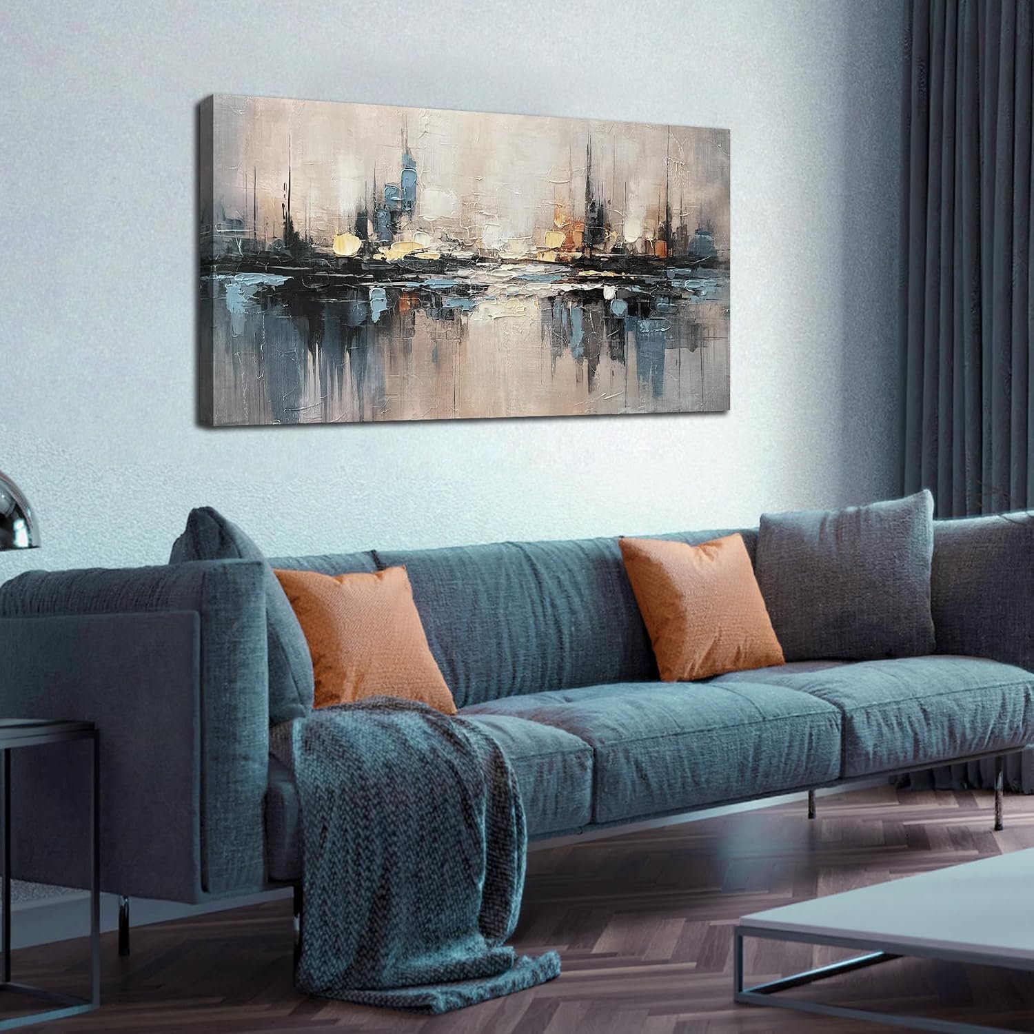 Abstract Canvas Wall Art Blue and Gray City Wall Decor for Living Room | 20 x 40 Inches Home Office Decor,Modern Painting Wall Art for Bedroom,Minimalist Pictures for Living Room