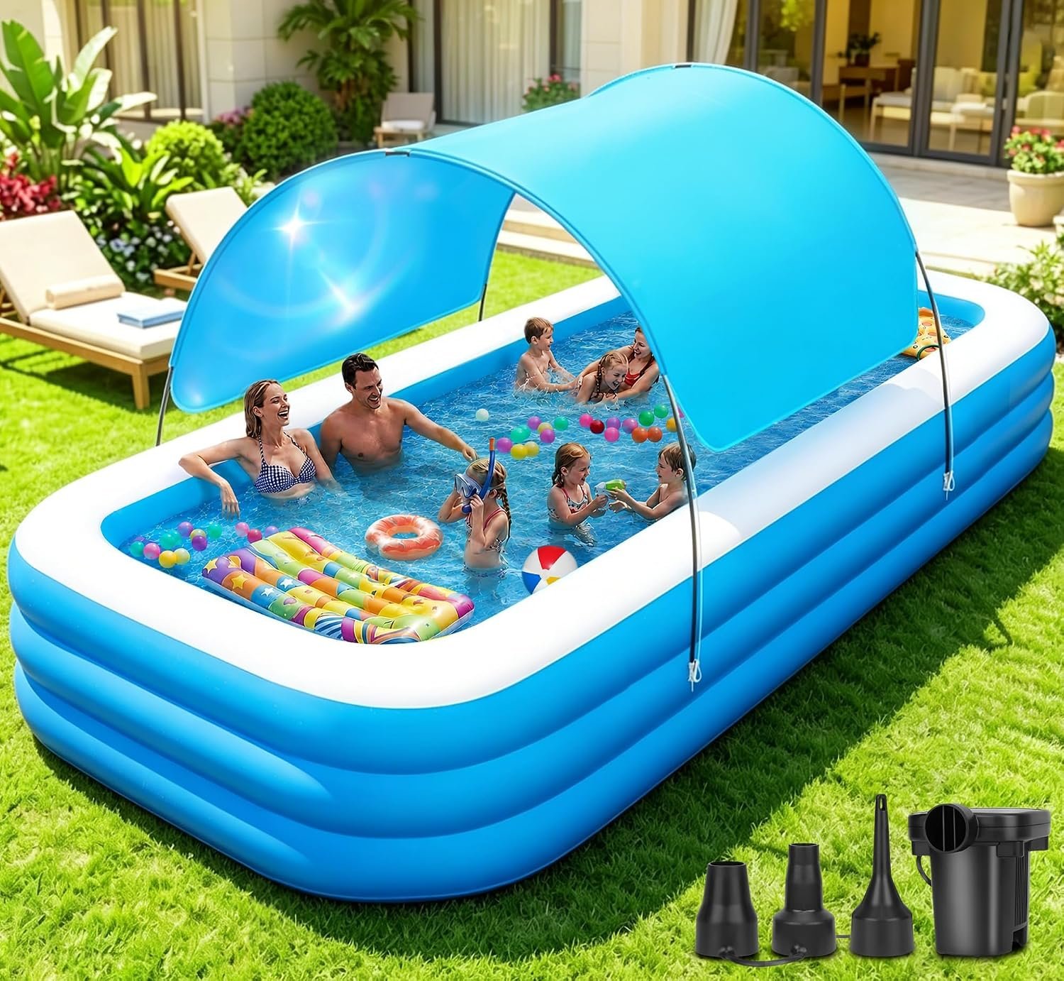 Extra Large Inflatable Pool with Canopy Pump, 145″ x 74″ x 22″ Large Blow Up Pool for Adults Family, Full Size Inflatable Swimming Pool with Big Shade for Backyard Outdoor
