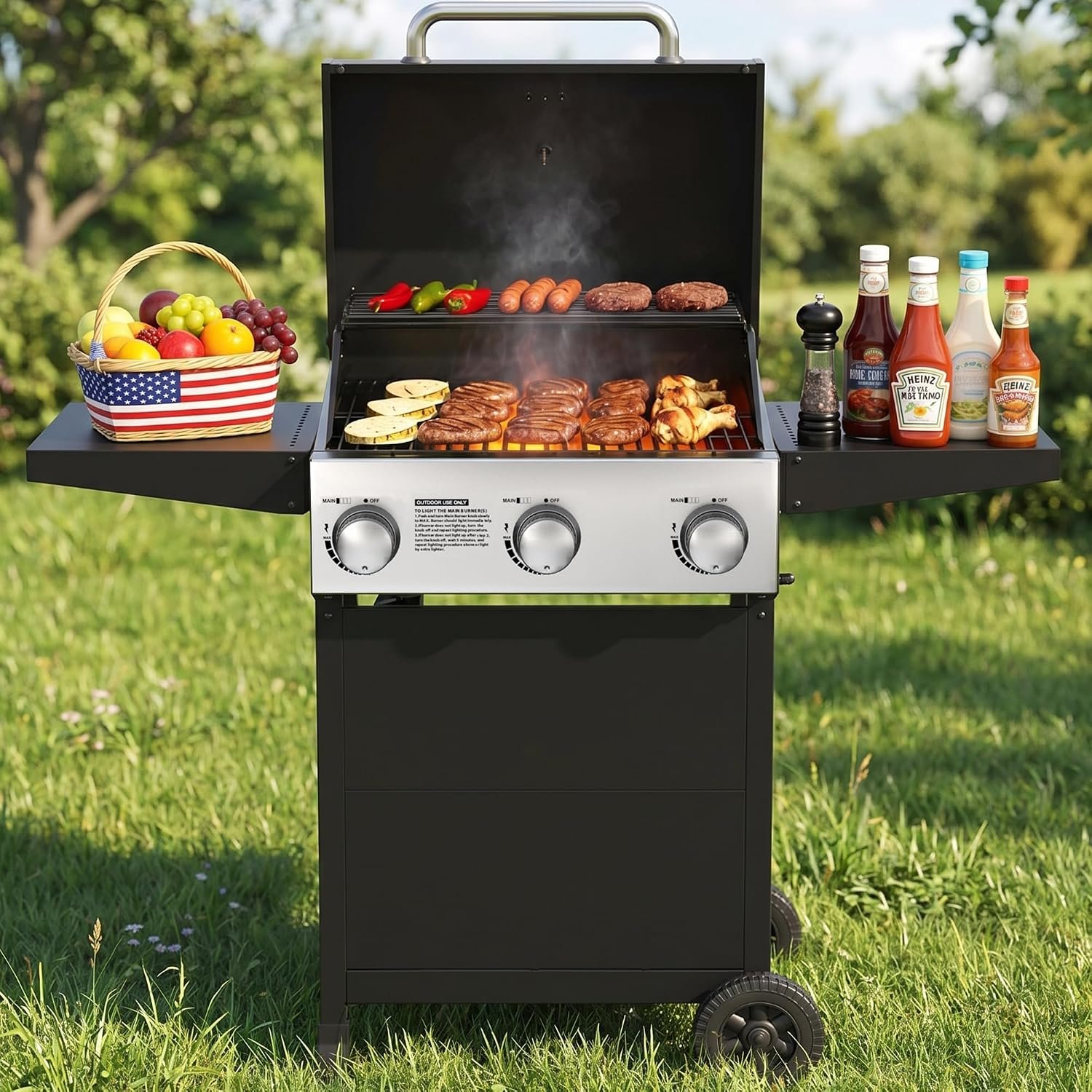 Veralune 3 Burner Gas Grill, Outdoor Propane Grill with Wheels, 445 SQ. IN | Garden Barbecue Grill, 36000 BTU, Folding Side Tables, Cast Iron Cooking Grates for, Outdoor Cooking