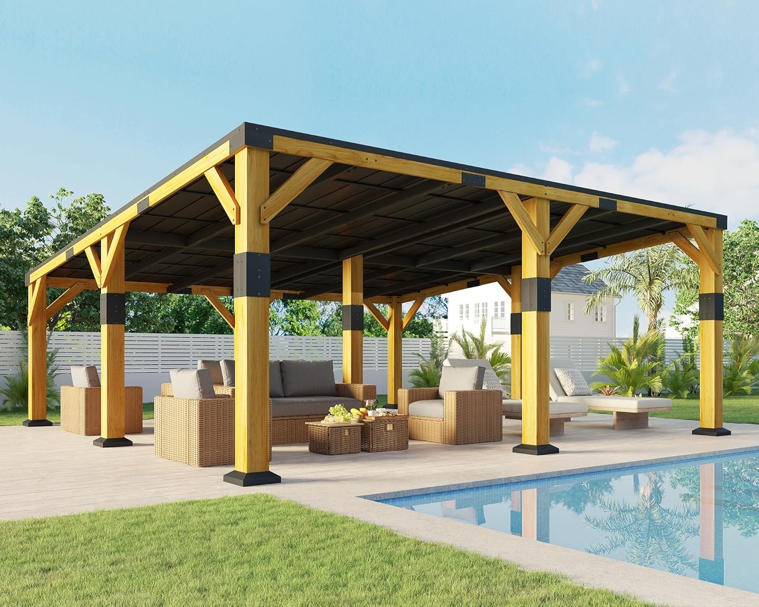 Jocisland 20′ x 20′ Cedar Wood Gazebo with Sloped Galvanized Steel Roof, Hardtop Gazebo Pavilion with Durable, Rot-Resistant Construction, Permanent Outdoor Pergola for Backyard, Garden & Deck