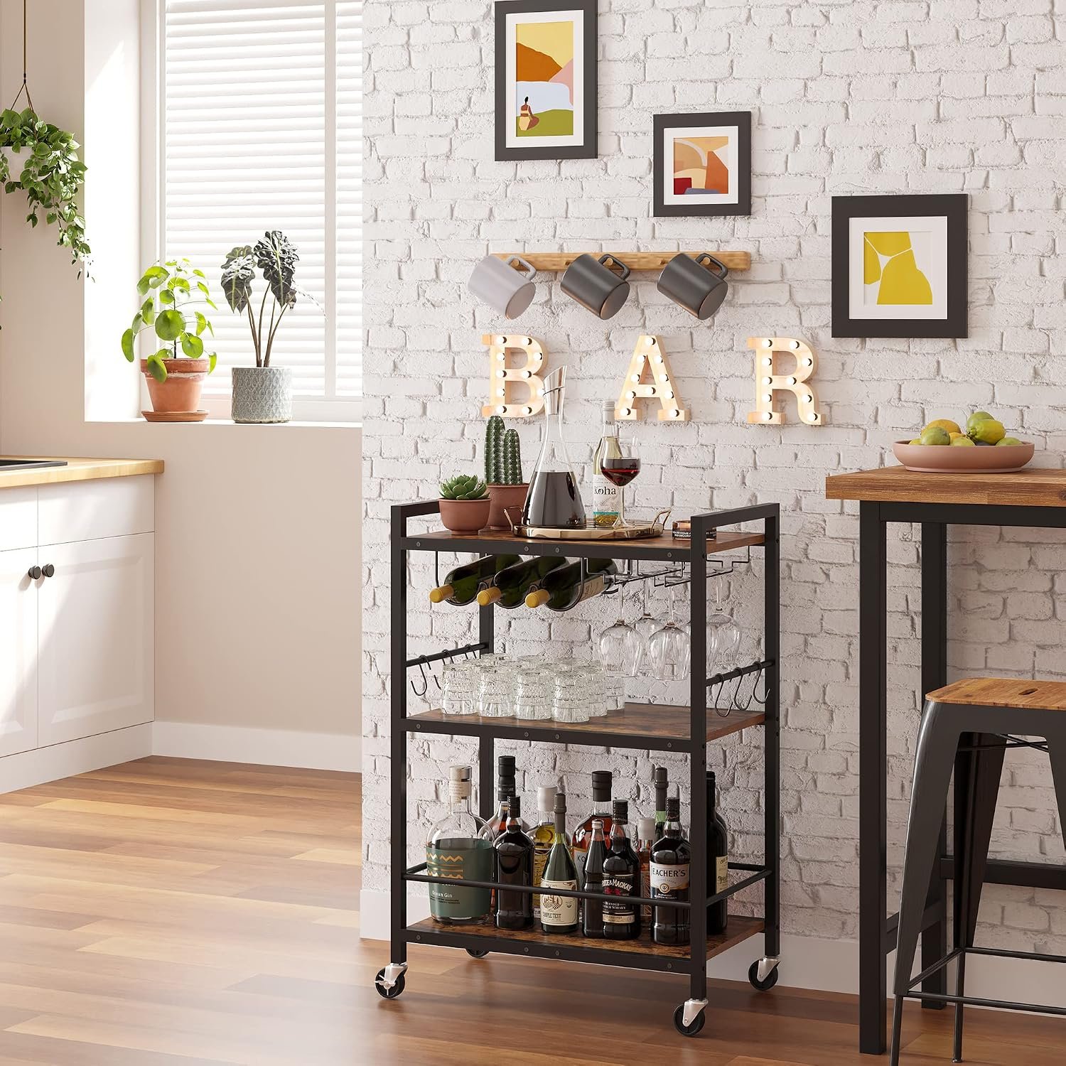 TUTOTAK Bar Cart with Wheels, Rolling Drink Cart with Wine Rack and Glass Holder
