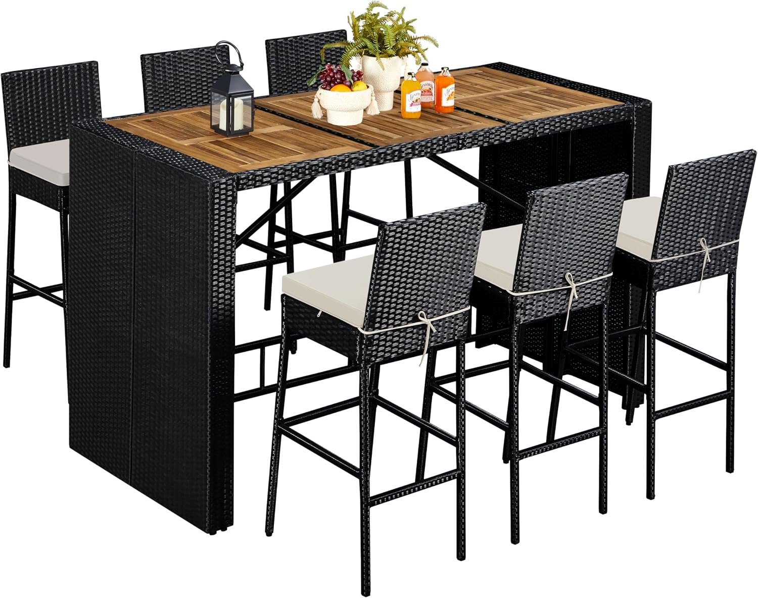 Yaheetech 7 Piece Patio Dining Set Outdoor Acacia Wood Bar Table and Chairs | with Removable Cushions, Wicker Furniture Set for Deck, Backyard, Garden, Black/Beige