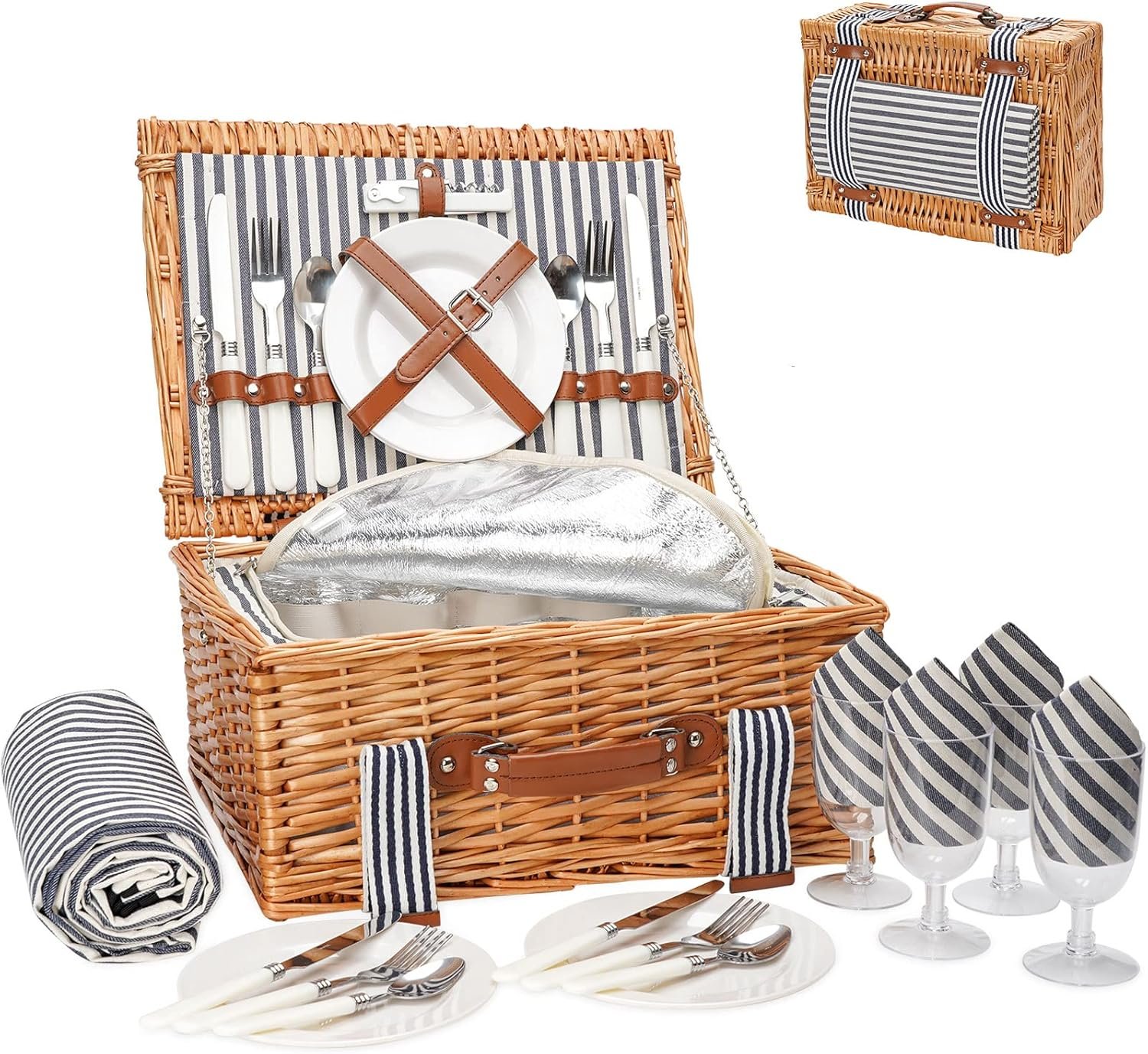 Wicker Picnic Basket Set for 4 Persons with Blanket,Handmade Willow Picnic Basket with Insulated Cooler & Cutlery Kit, Gift Basket for Couples,Valentine Day,Birthday, Wedding, Outdoor Party