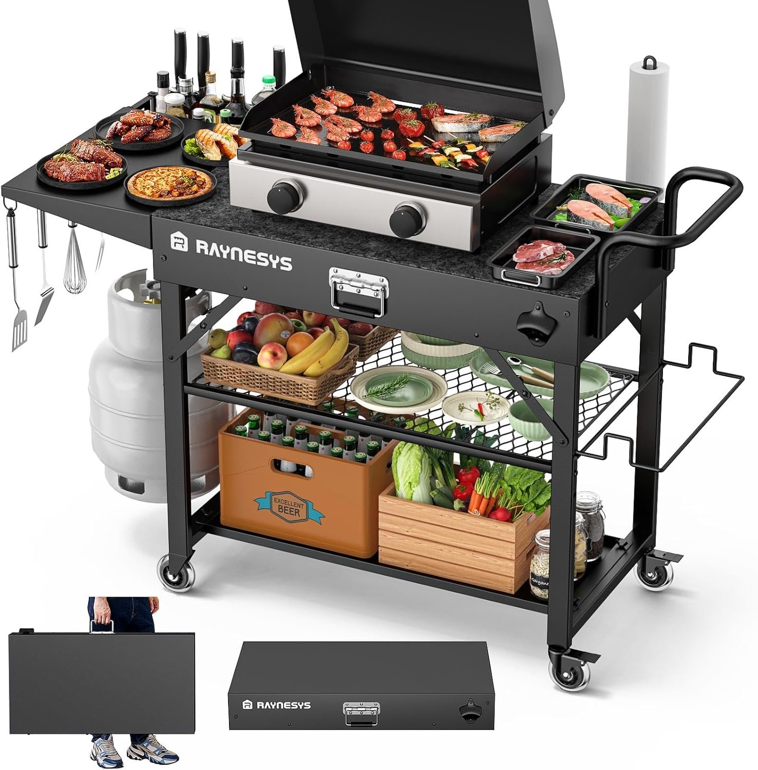 Raynesys 440lbs Outdoor Folding Grill Cart, Blackstone Griddle Stand | Griddle Table Stand for Onni, Food Prep Table with Wheels for Outdoor BBQ Camp Grill Stand, 31″W x 17″D, 3-Tier